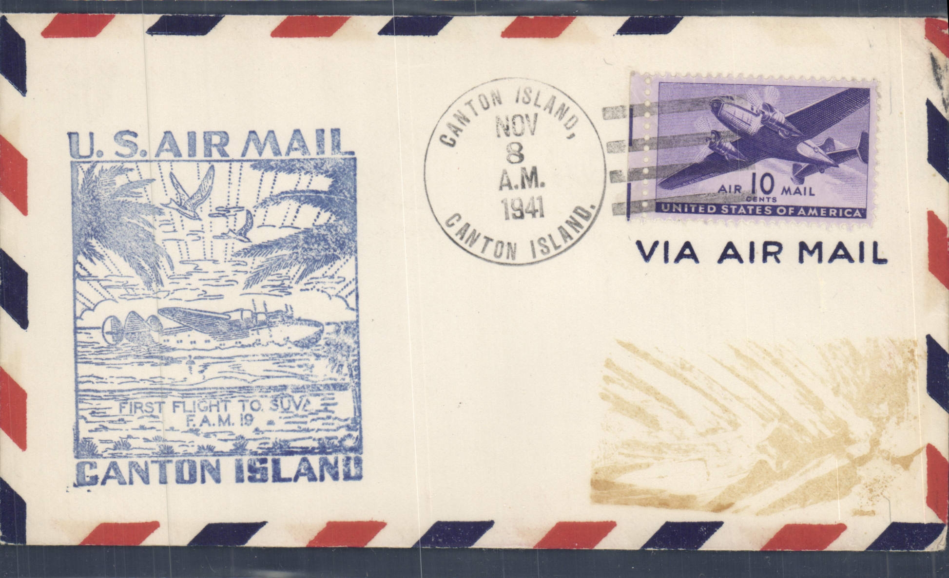Lettre Etats Unis 1st flight to Suva Canton Island 8 11 1941