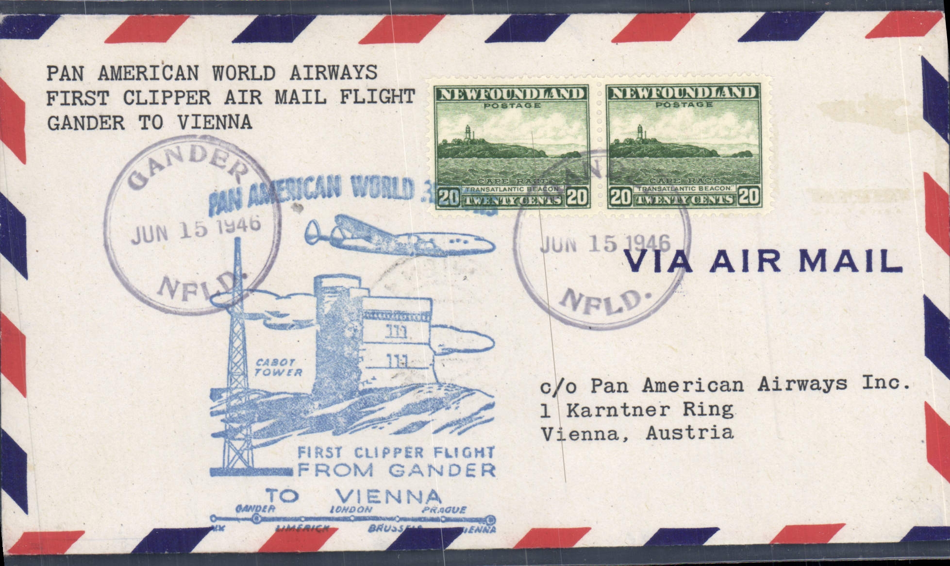 Lettre Newfoundland 1st flight Gander to Vienna 15 6 1946