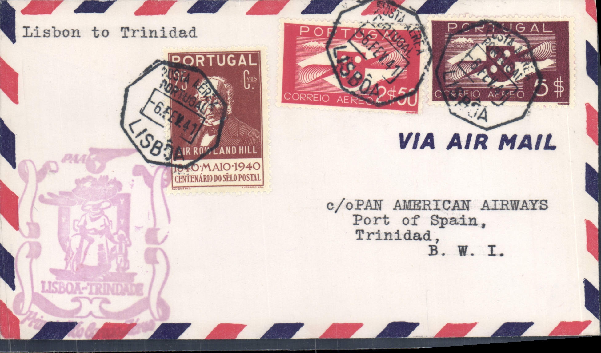 Lettre Portugal 1st flight Lisbon to Trinidad 6 2 1942