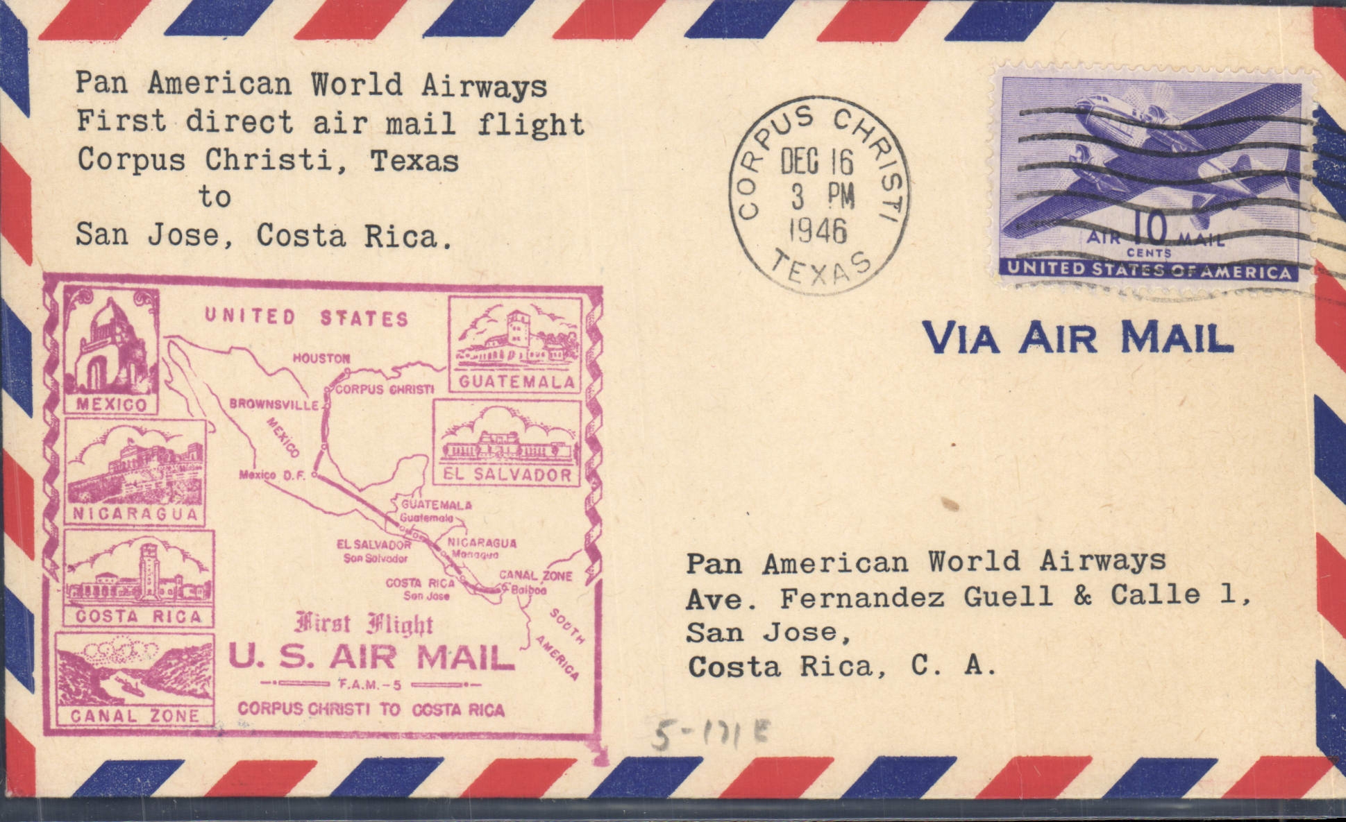 Lettre Etats Unis 1st flight Corpus Christi Texas San Jose Costa Rica 16 12 1946