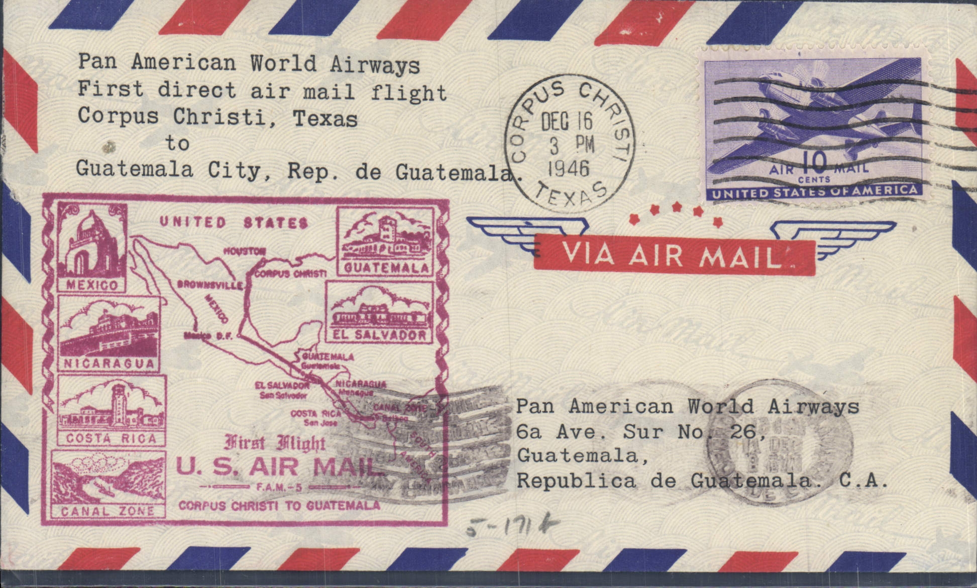 Letter the United States 1st flight Corpus Christi Texas Guatemala 16 12 1946