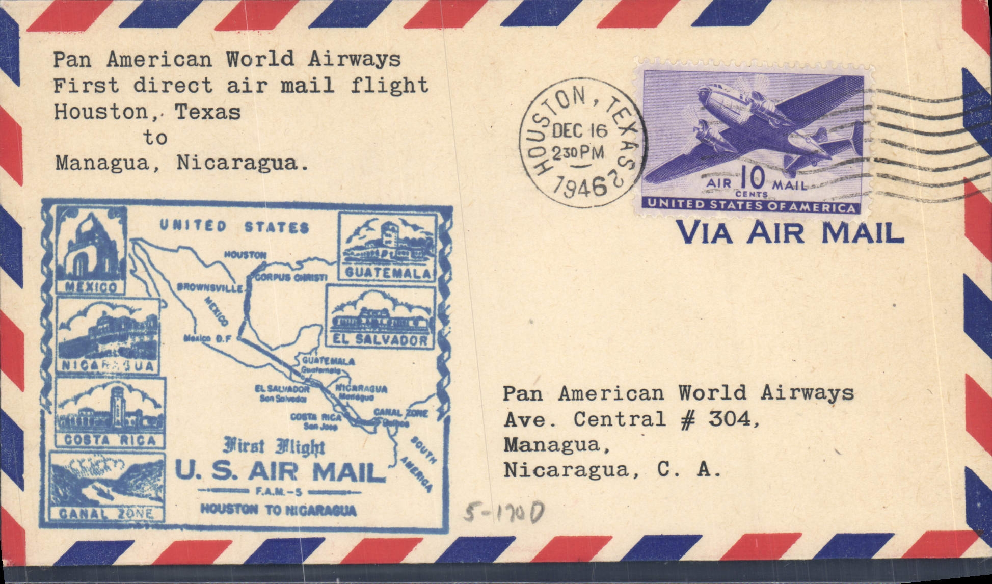 Lettre Etats Unis 1st flight Houston Texas Managua Nicaragua 16 12 1946