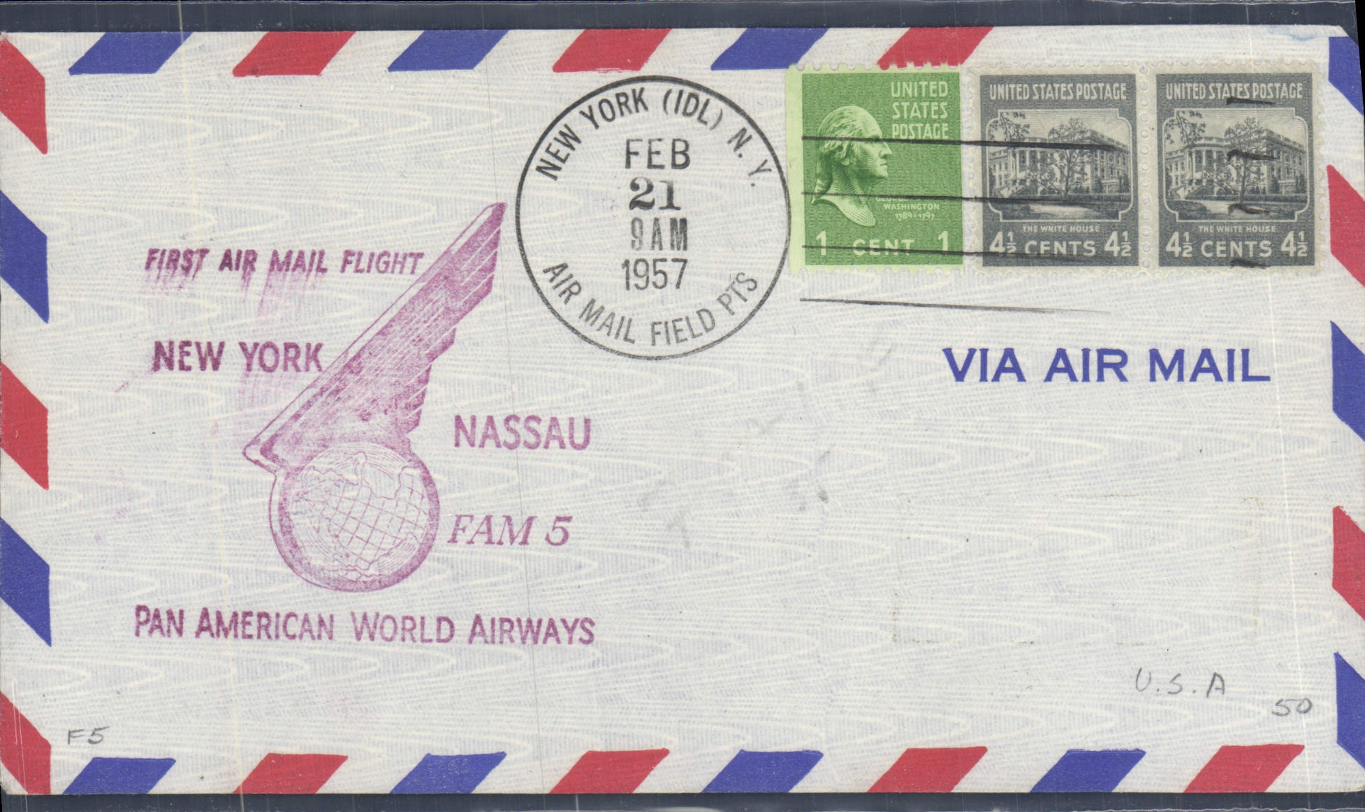 Lettre Etats Unis 1st flight New Yokr Nassau 21 2 1957