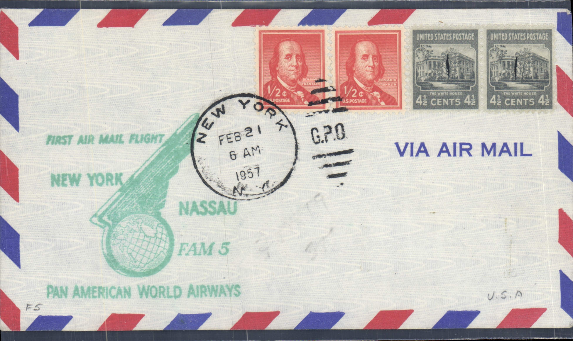 Lettre Etats Unis 1st flight New York Nassau 21 2 1957