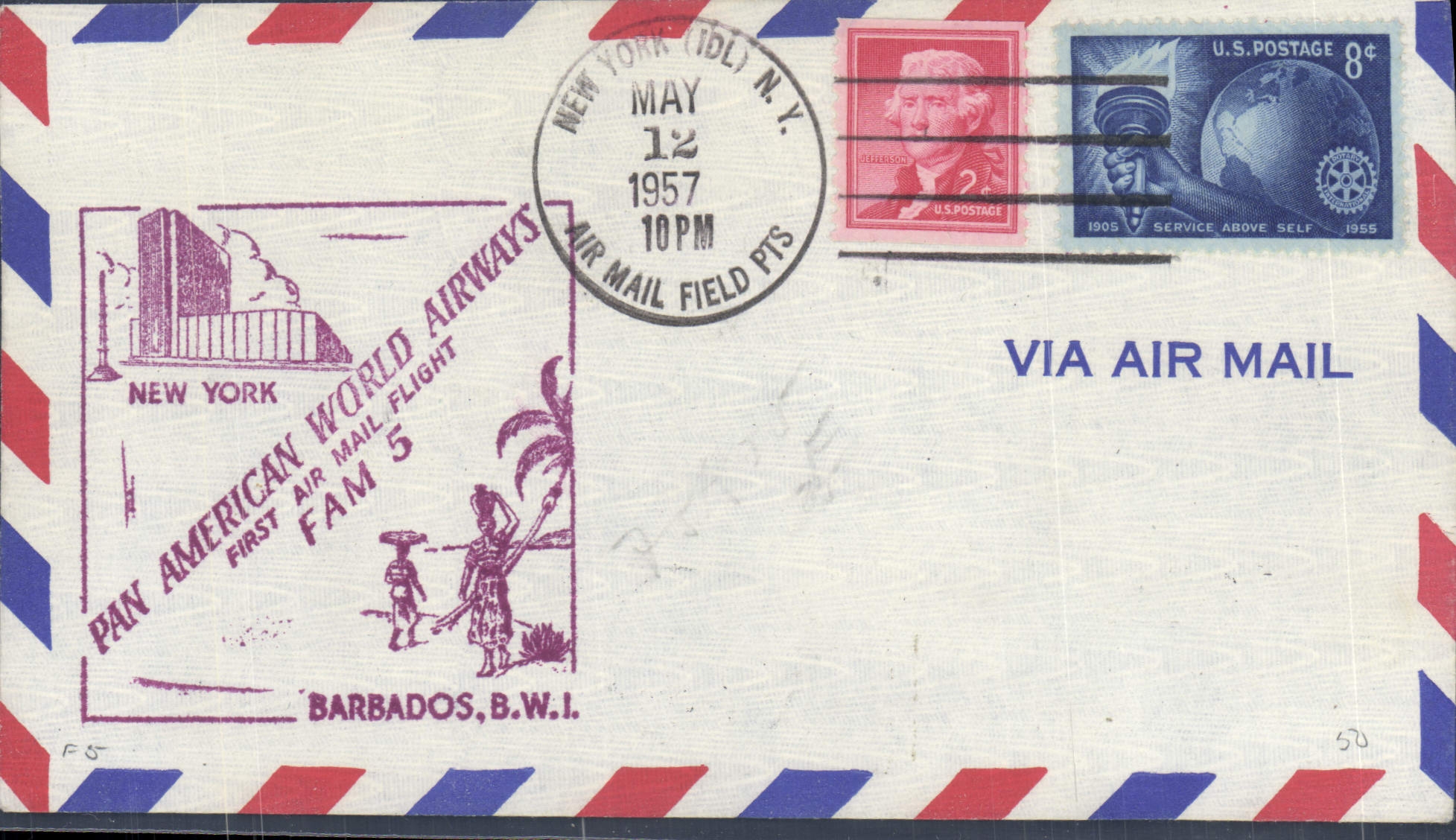 Lettre Etats Unis 1st flight New York Barbados 12 5 1957