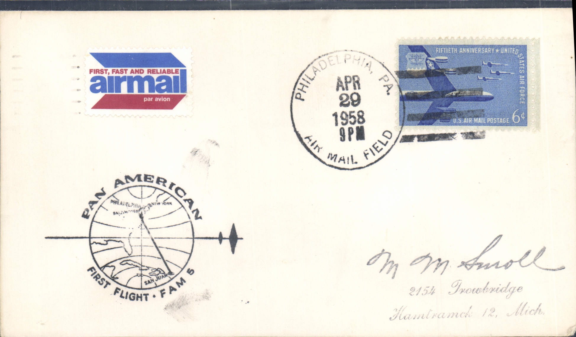 Lettre Etats Unis 1st flight FAM5 Philadelphia 29 4 1958