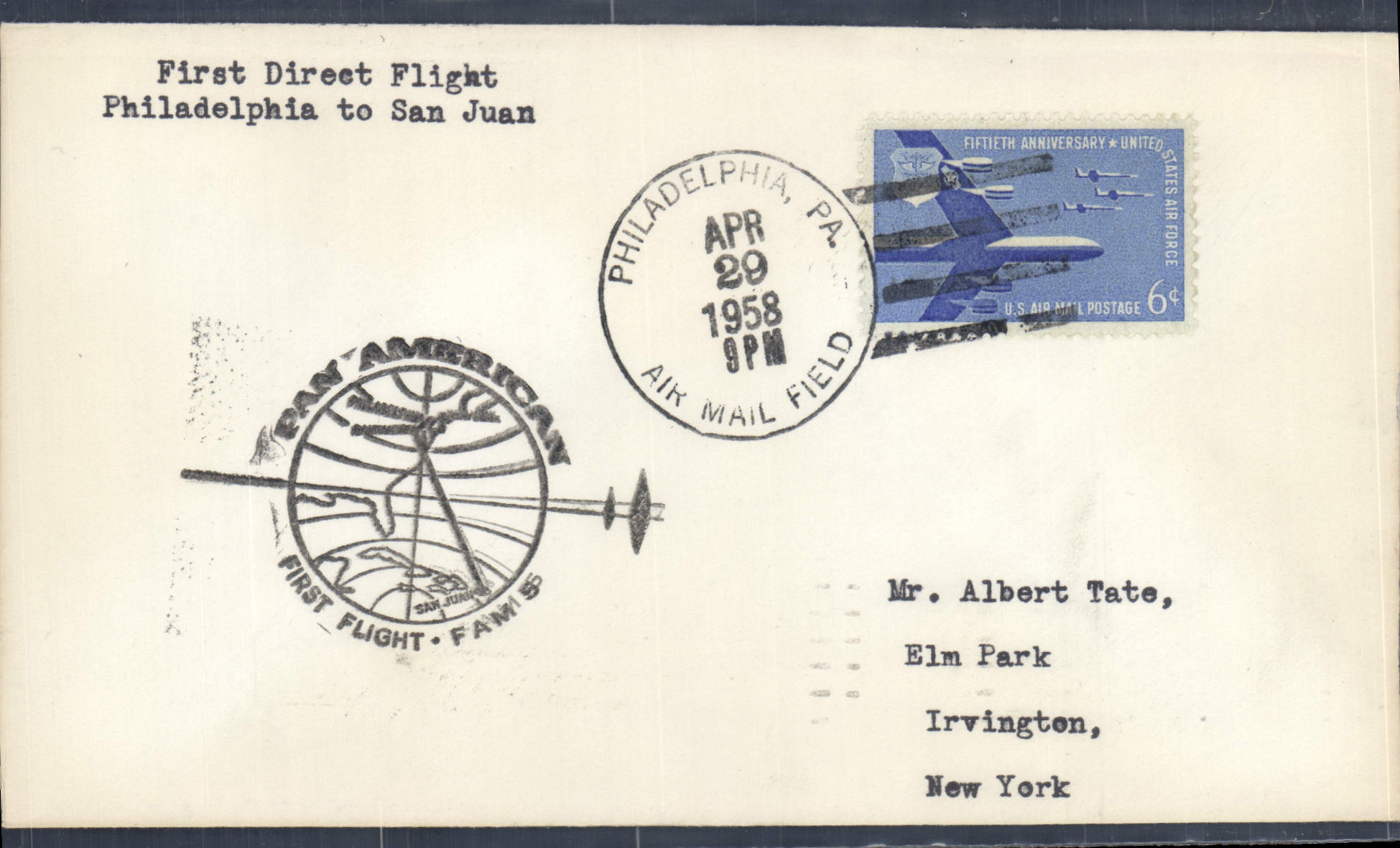 Lettre Etats Unis 1st flight FAM5 Philadelphia to Suan Juan 29 4 1958