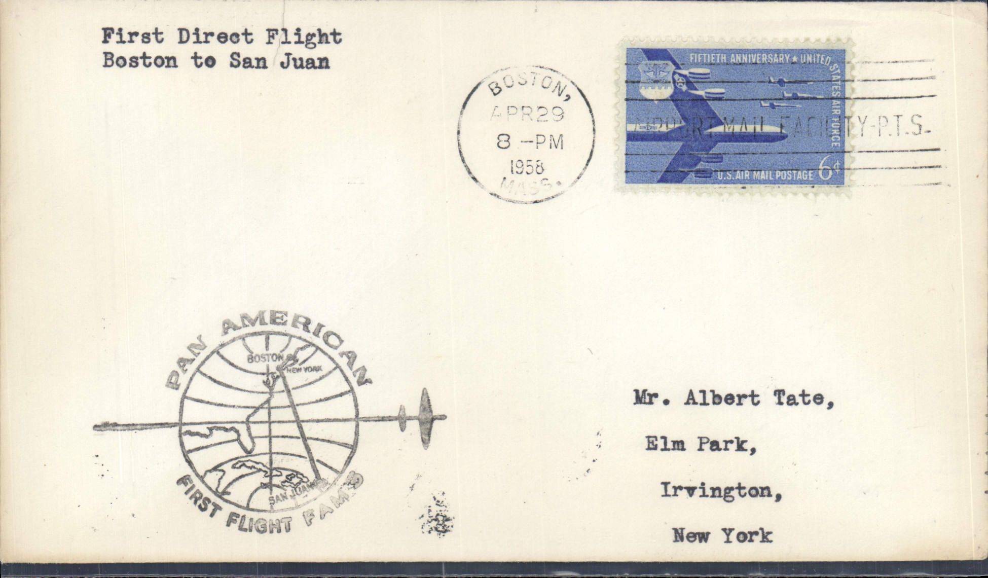 Lettre Etats Unis 1st flight FAM5 Boston to San juan 29 4 1958