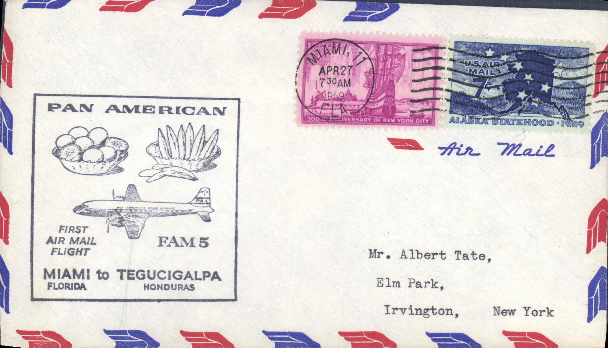Lettre Etats Unis 1st flight Miami to Tegucigalpa Honduras 27 4 1959 Banane
