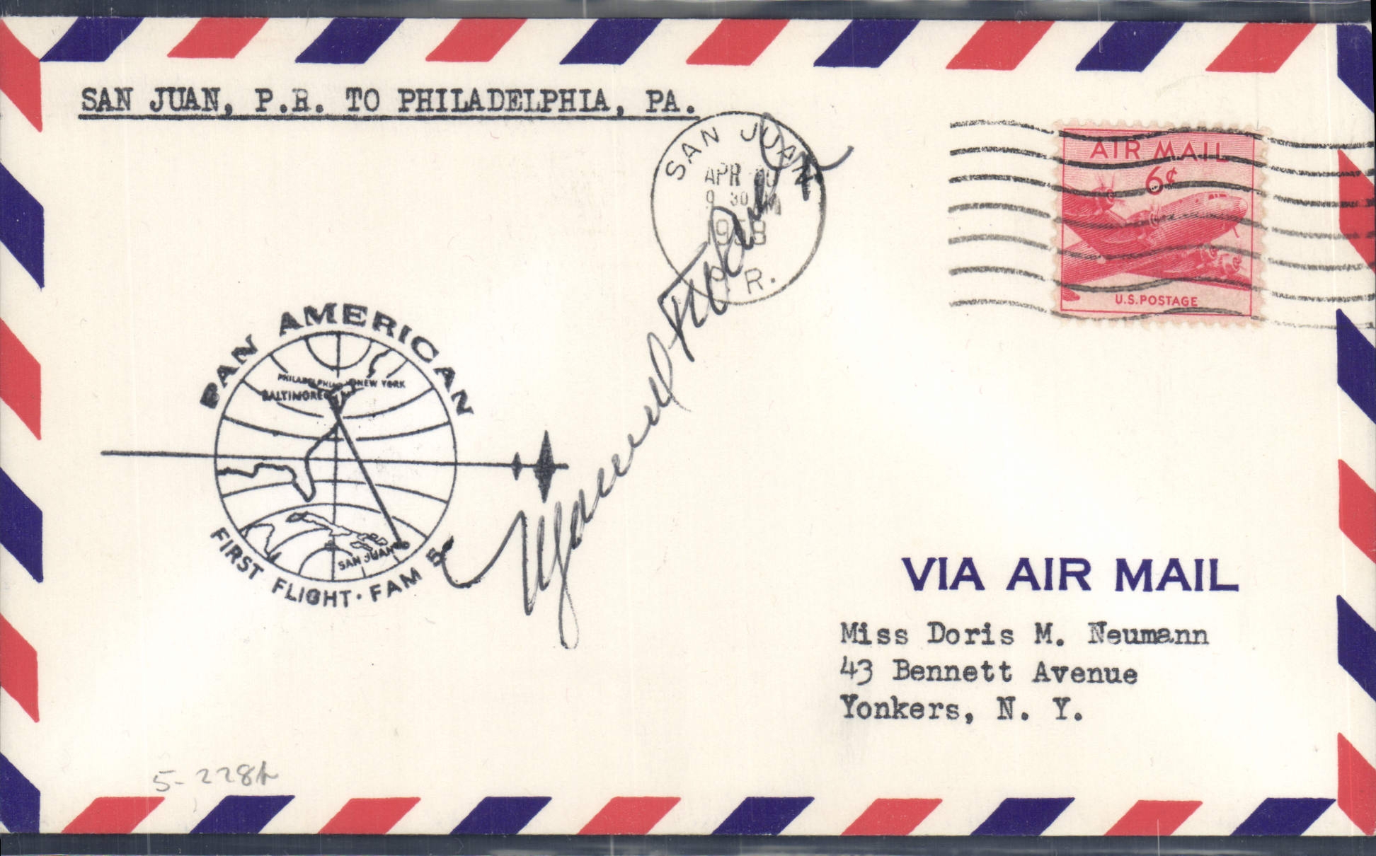 Lettre Etats Unis 1st flight San Juan to Philadelphia 30 4 1958 signed by pilot 