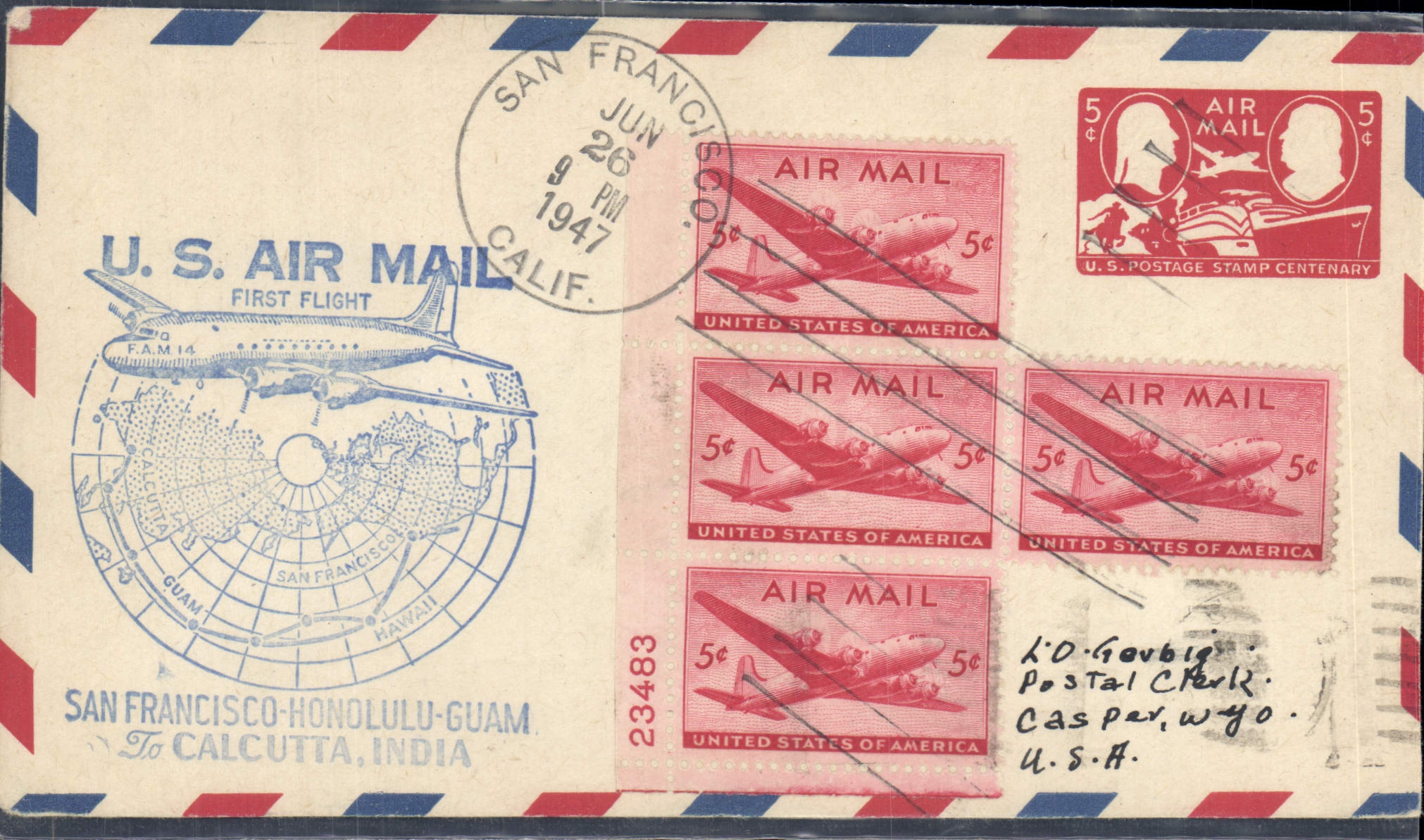 Lettre Etats Unis 1st flight San Francisco Honolulu Guam Calcutta India 26 6 1947