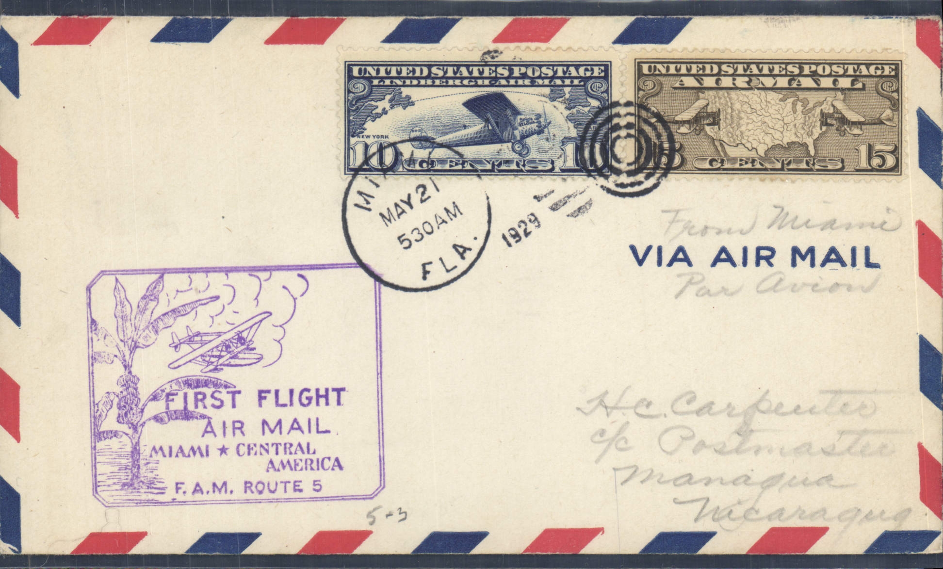 Lettre Etats Unis 1st flight Miami Central America Nicaragua 21 5 1929
