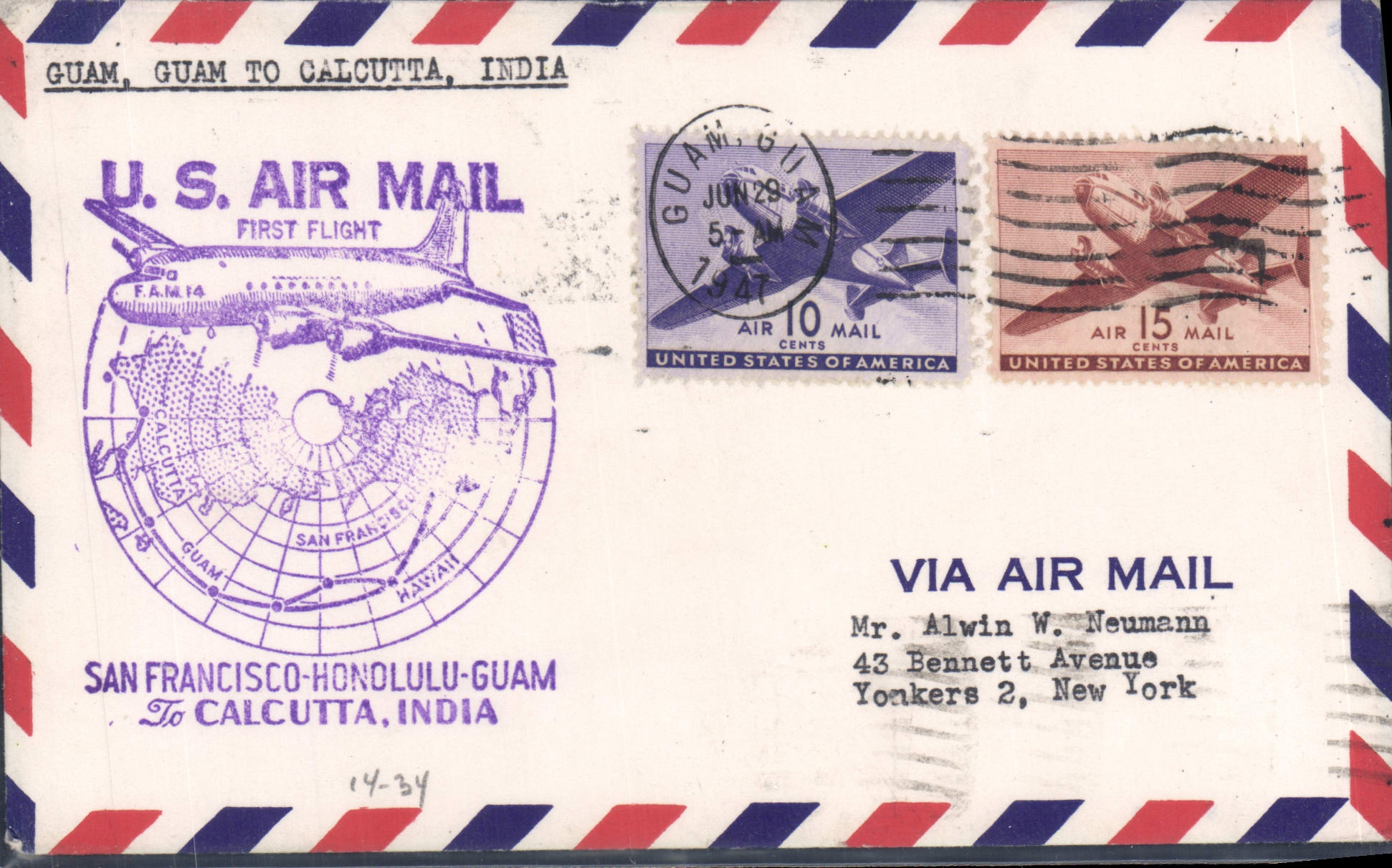 Letter the United States 1st Flight San Francisco Honolulu Guam Calcutta India 29 6 1947