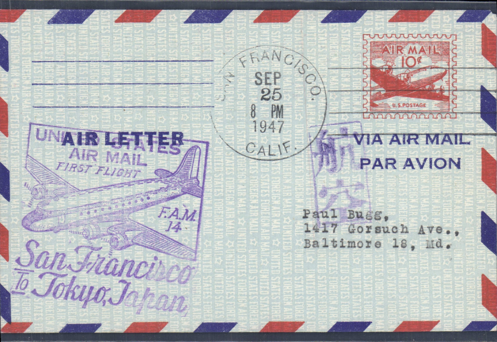 Aerogramme Etats Unis 1st Flight San Francisco Tokyo Japan 25 9 1947