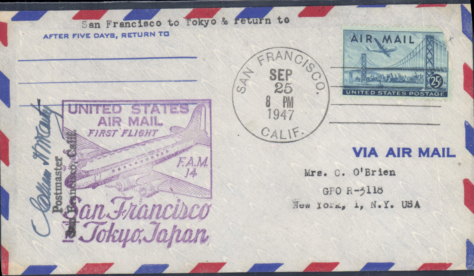Aerogramme Etats Unis 1st Flight San Francisco Tokyo Japan 25 9 1947