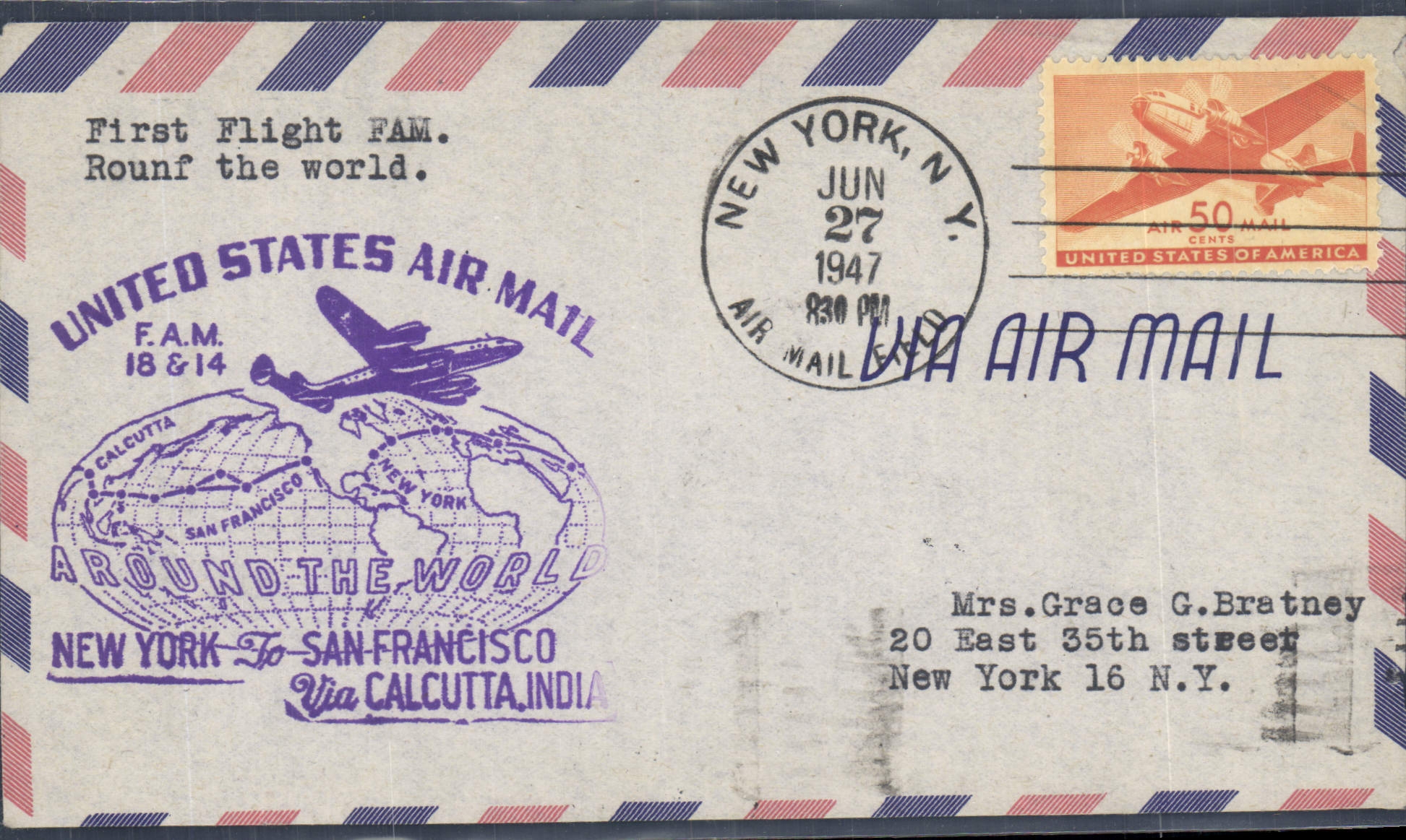 Lettre Etats Unis New Yokr San Francisco Calcutta 27 6 1947