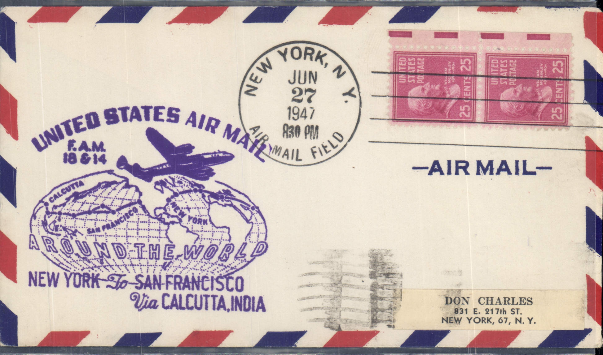 Letter the United States New York San Francisco Calcutta India 27 6 1947