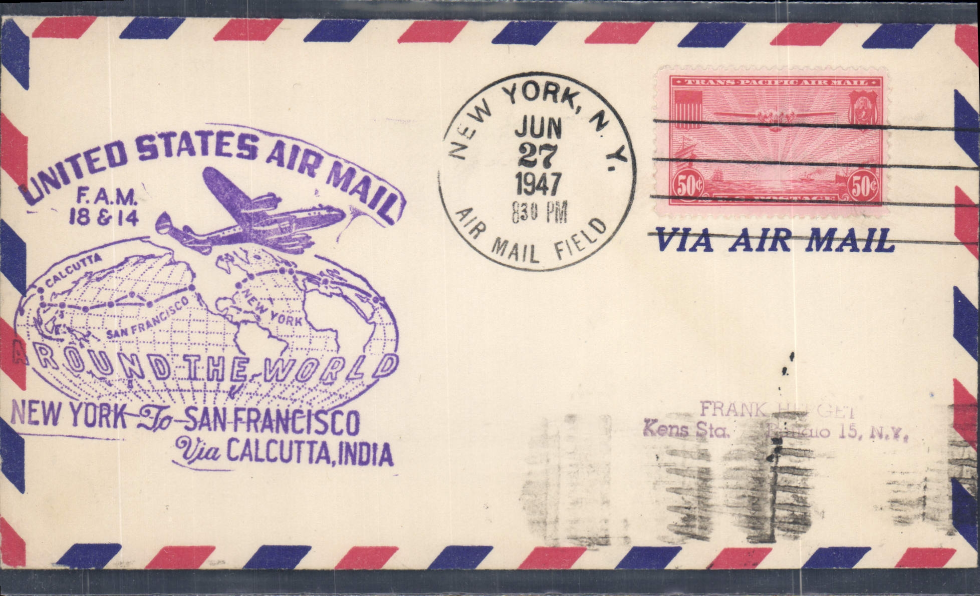 Lettre Etats Unis New York San Francisco Calcutta india 27 6 1947