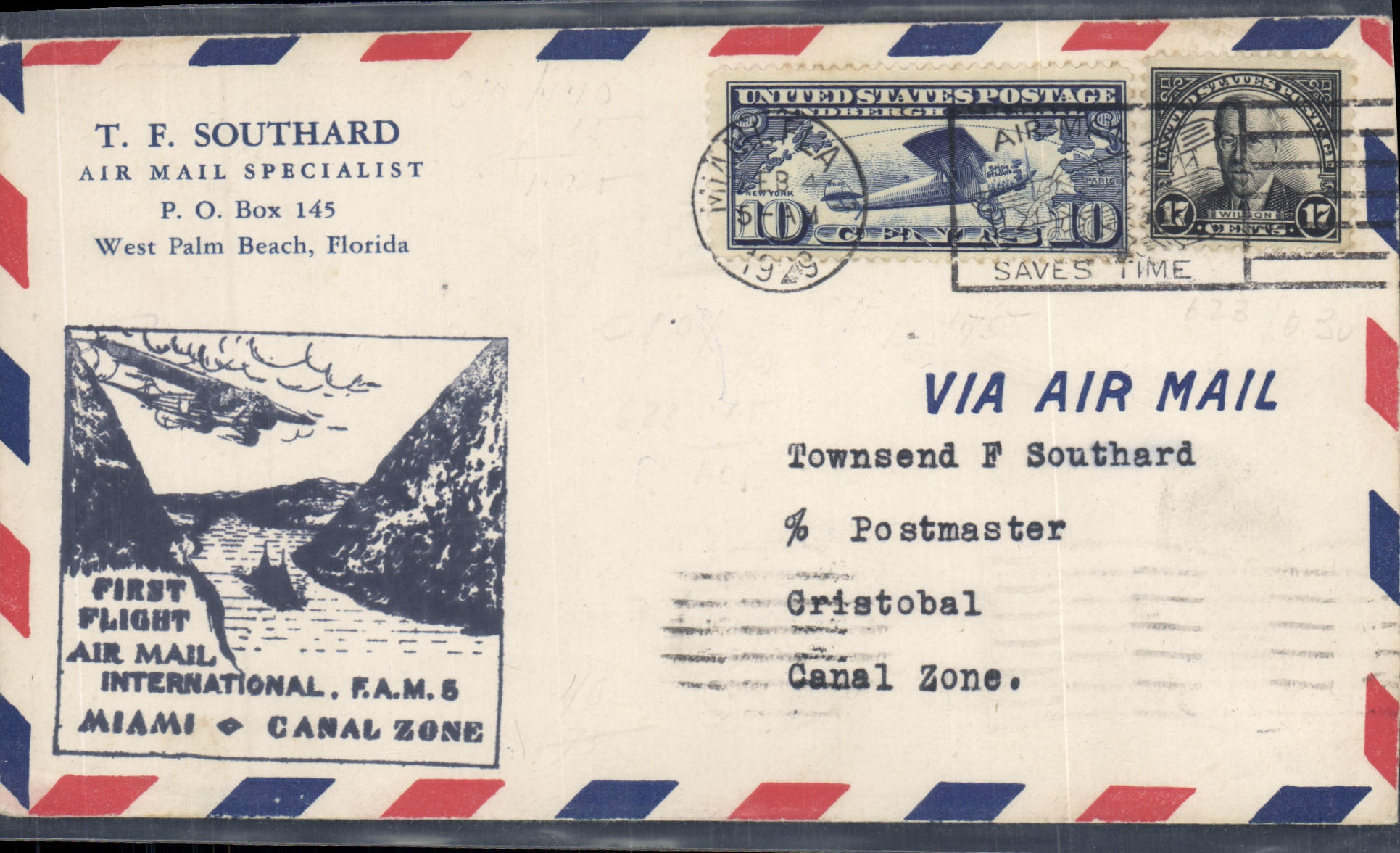 Lettre Etats Unis 1st Flight Miami Canal Zone 6 2 1929