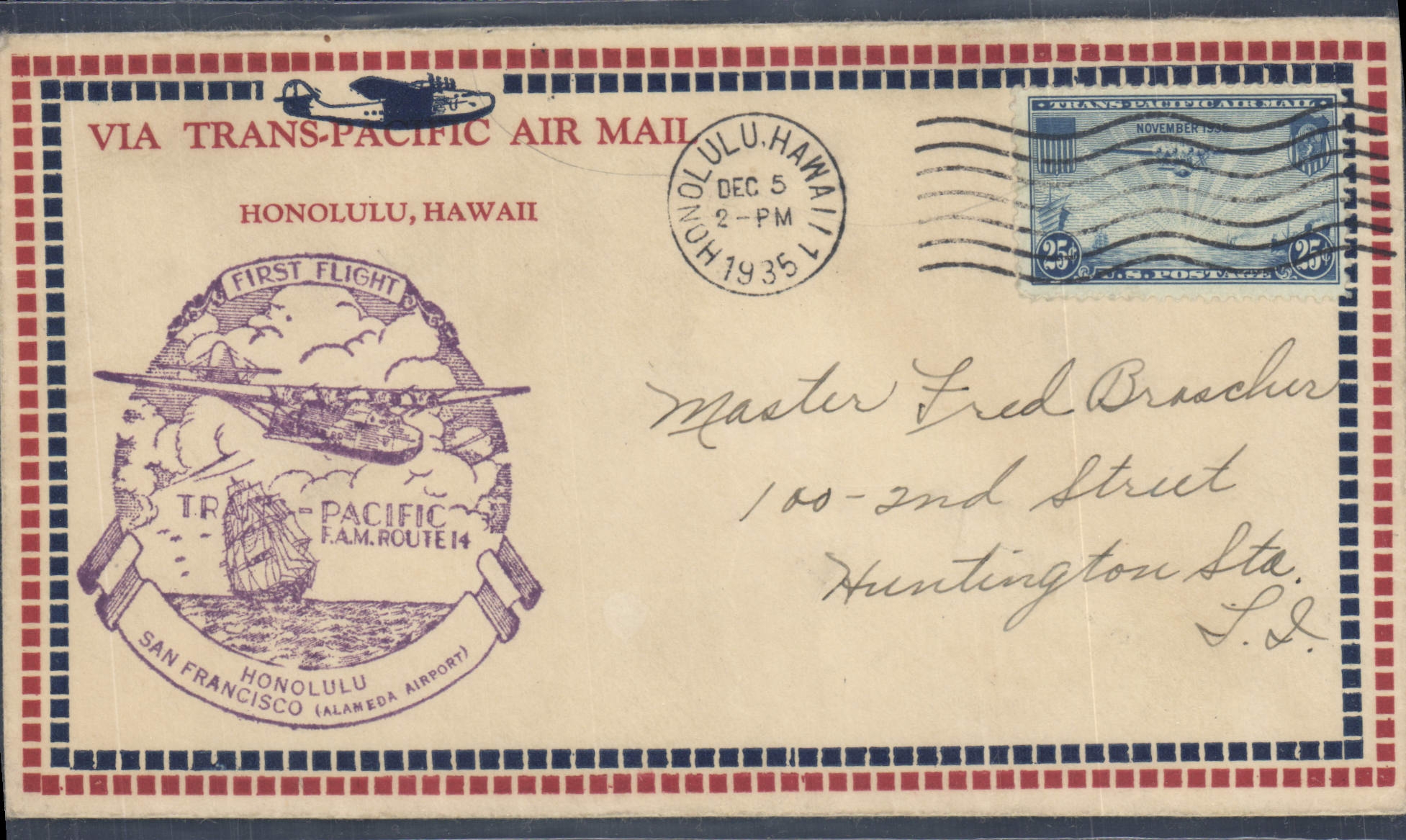 Lettre Etats Unis 1st Flight Honolulu Hawaii San Francisco 5 12 1935