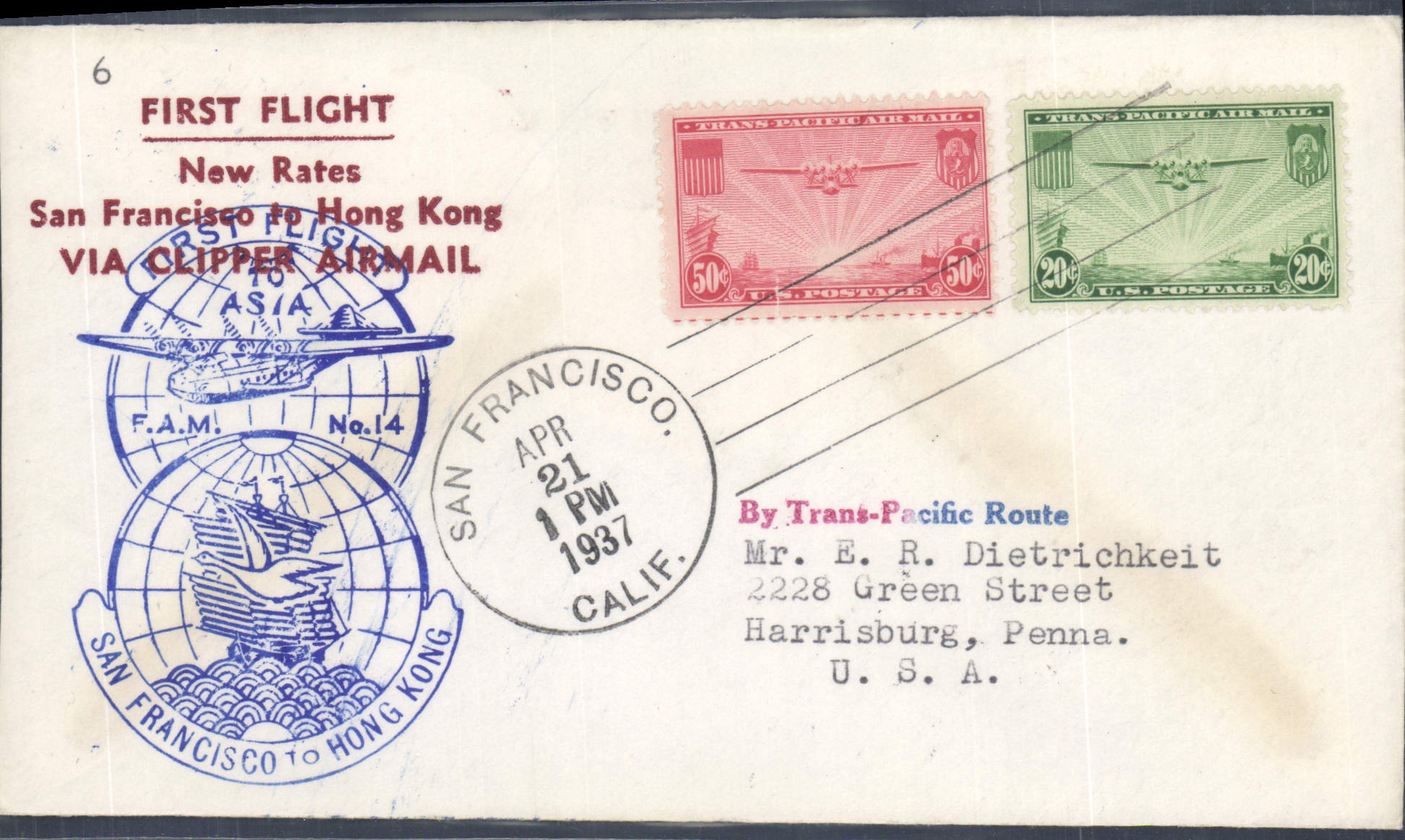 Lettre the United States 1st Flight San Francisco HongKong China Clouded FAM 14 21 4 1937