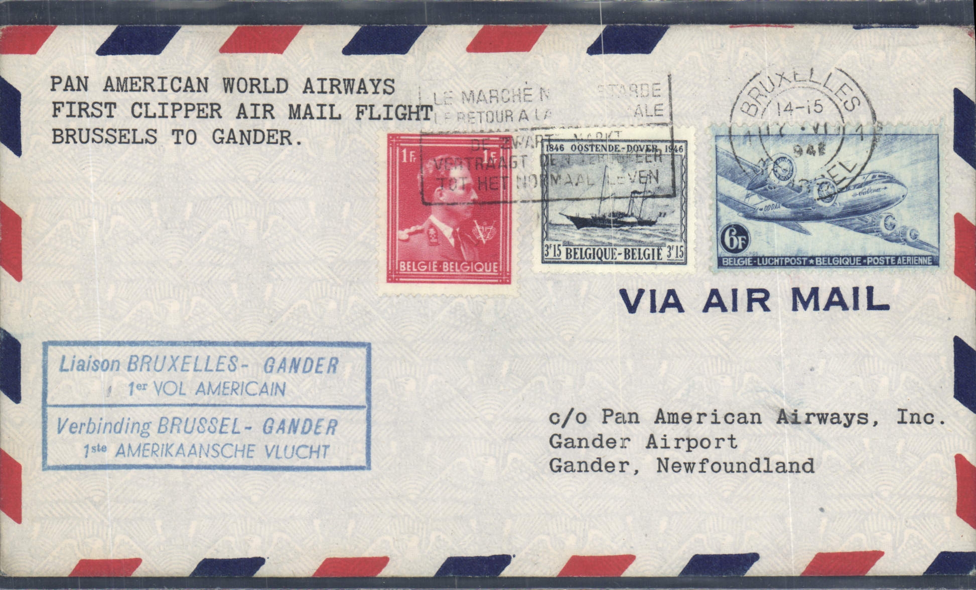 Lettre Belgique Brussels to Gander 17 6 1946