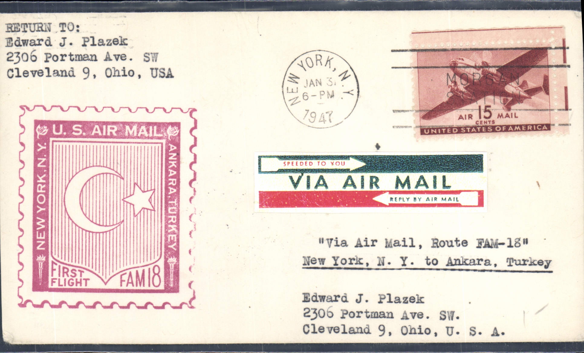 Letter the United States 1st flight NY to Ankara Turkey 2 1 1947