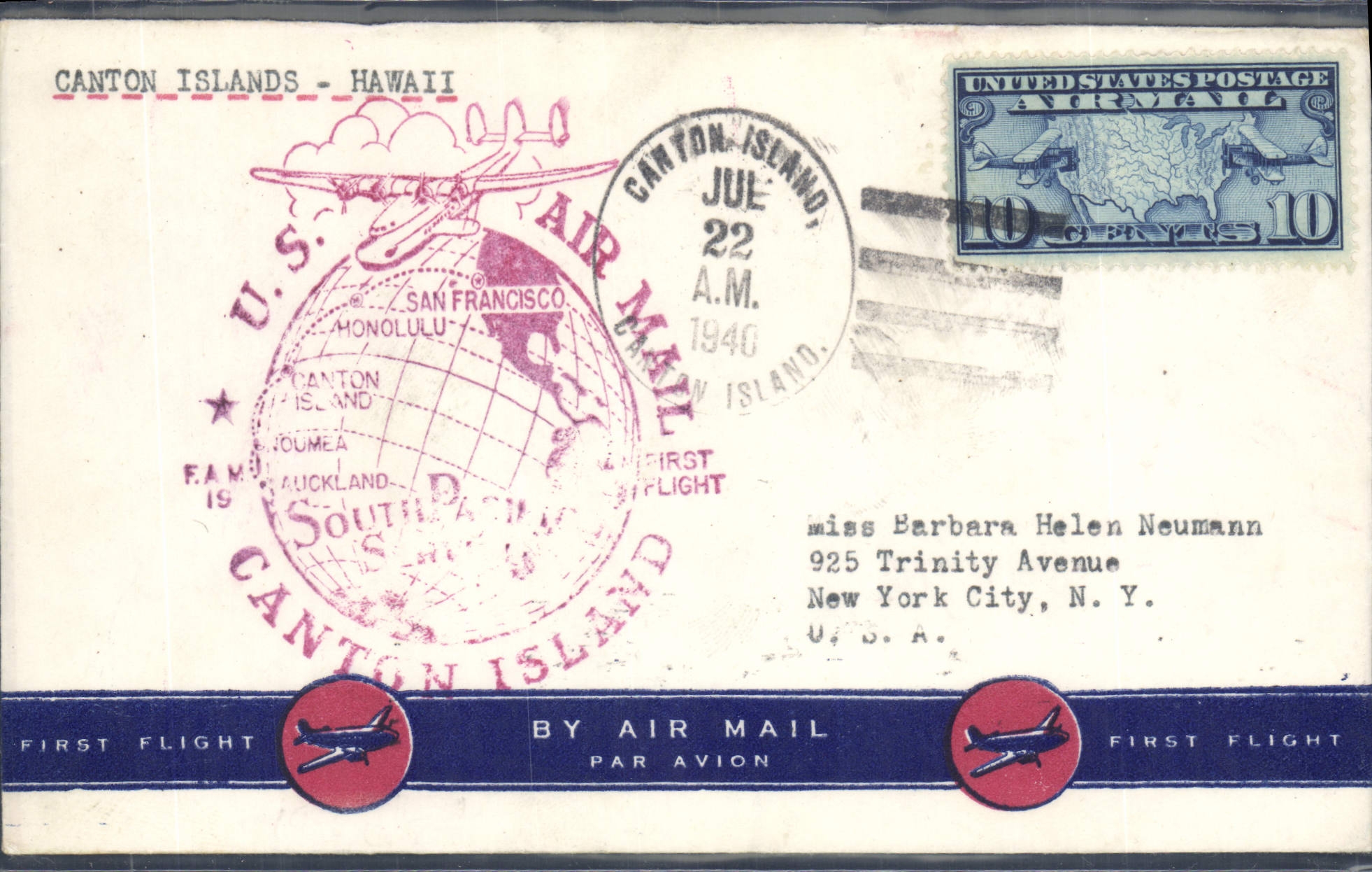 Lettre Etats Unis 1st flight Canton Islans Hawaii 22 7 1940