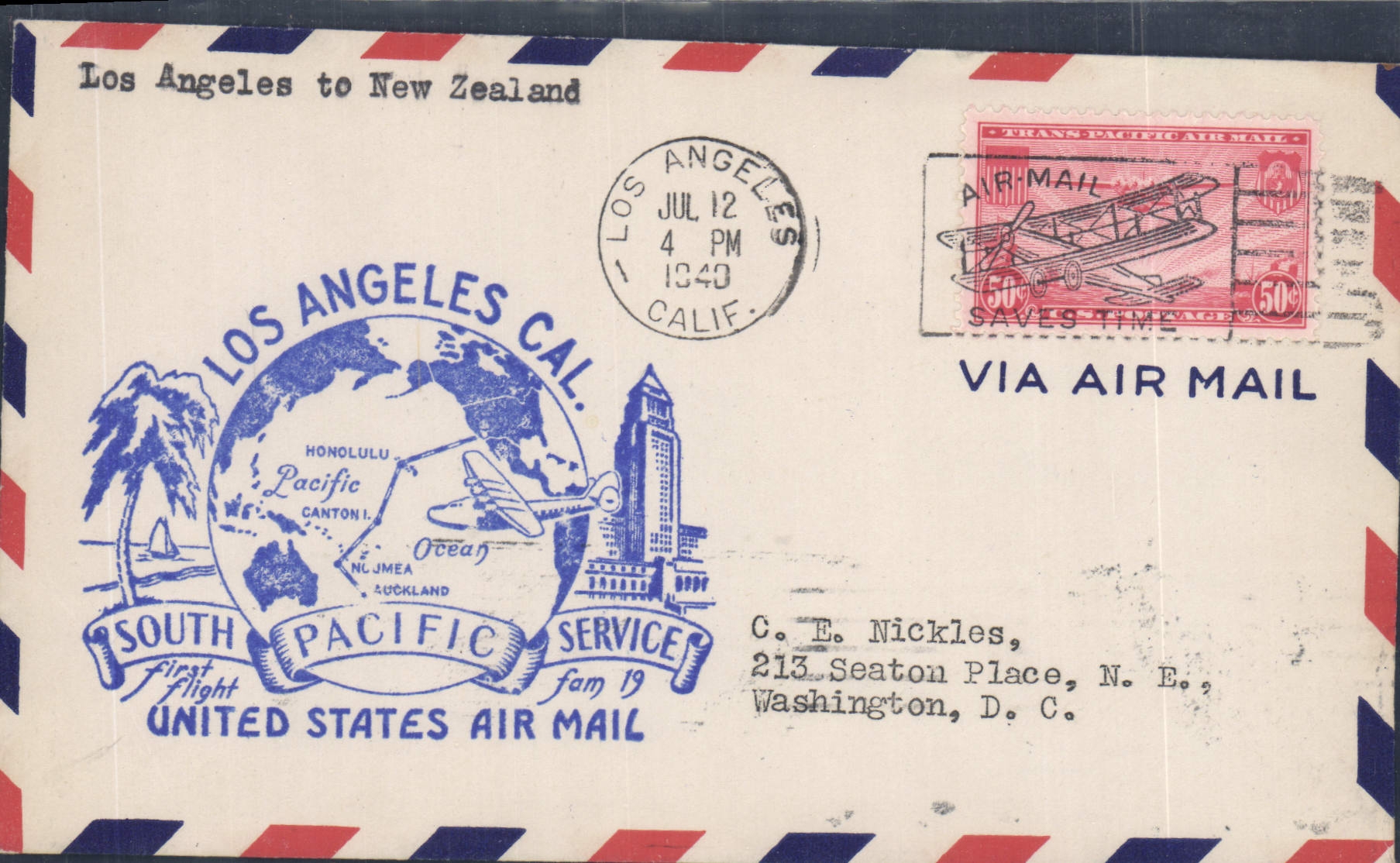 Lettre Etats Unis 1st flight Los Angeles to New Zealand 12 7 1940