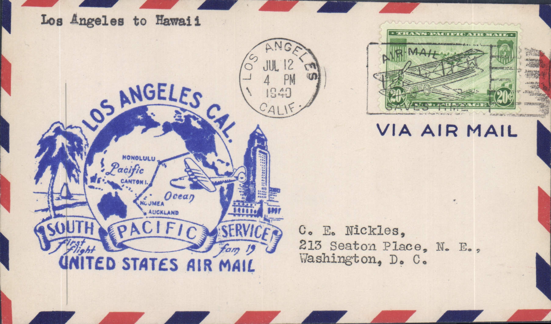 Lettre Etats Unis 1st flight Los Angeles to Hawaii 12 7 1940