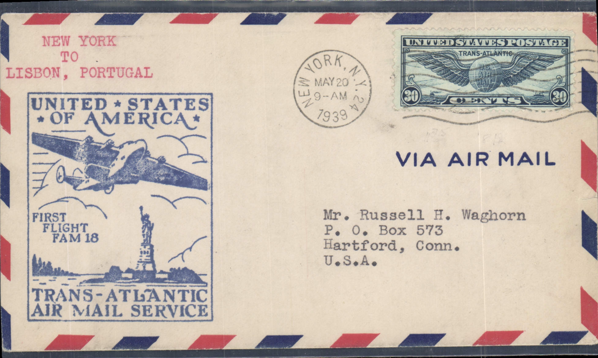 Letter the United States 1st flight New York to Lisbon Portugal 20 5 1939
