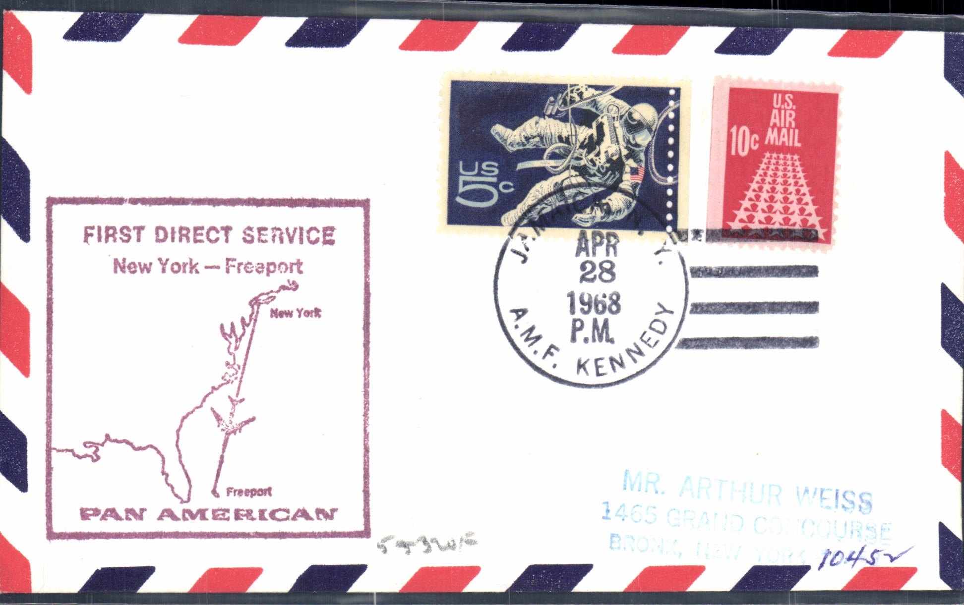 Lettre Etats Unis 1st flight New York Freeport 28 4 1968