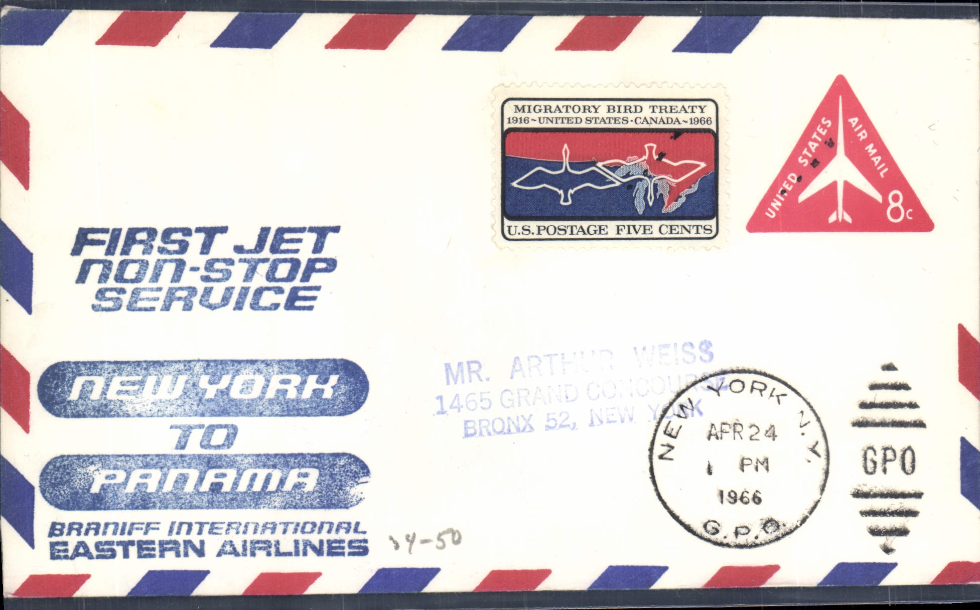 Letter the United States 1st flight New York Panama 24 4 1966