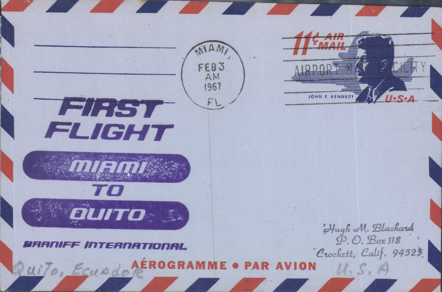 Aerogramme Etats Unis Miami Quito Braniff 3 21967 Kennedy