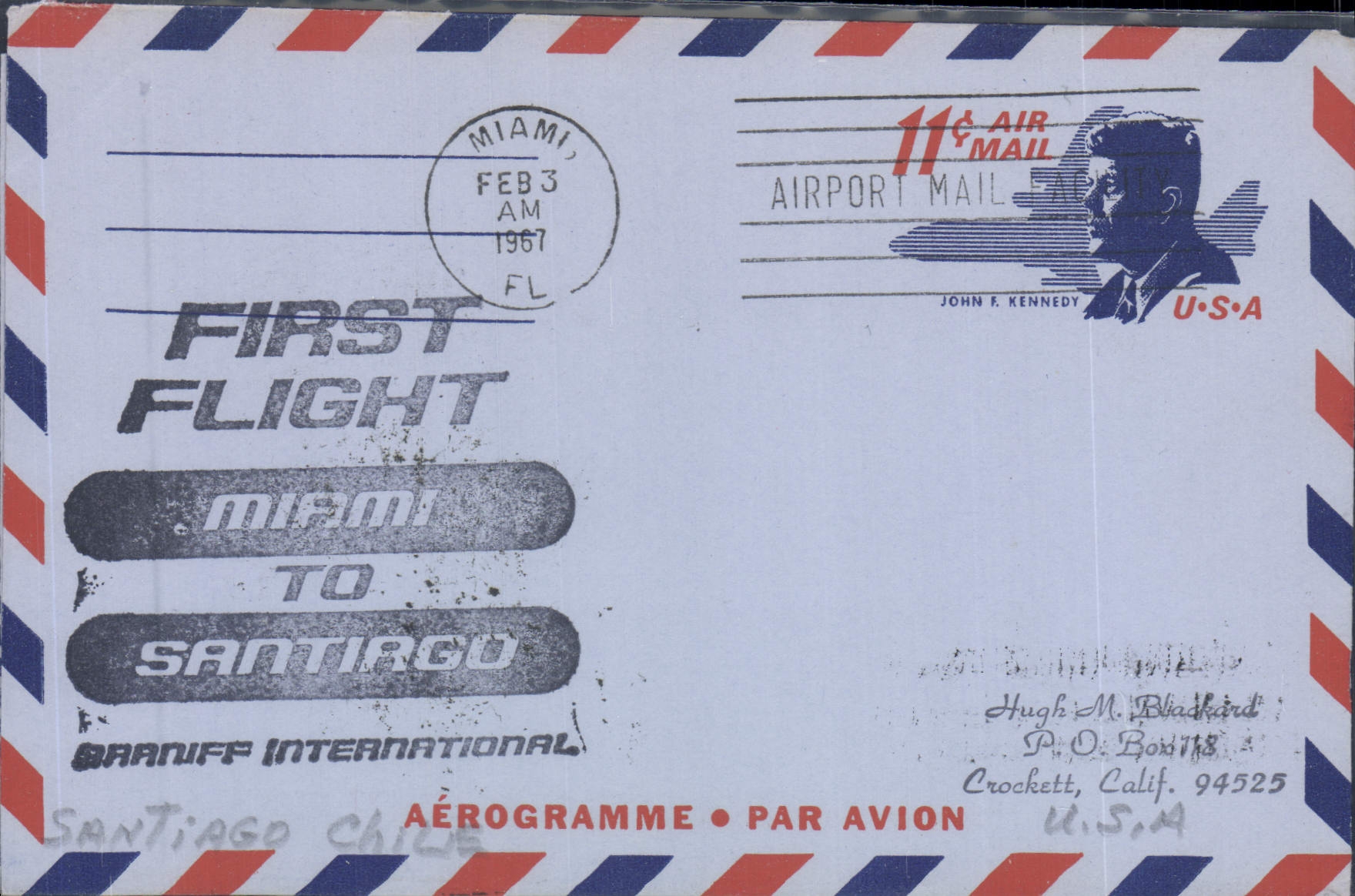 Aerogramme Etats Unis Miami Santiago Braniff 3 2 1967 Kennedy