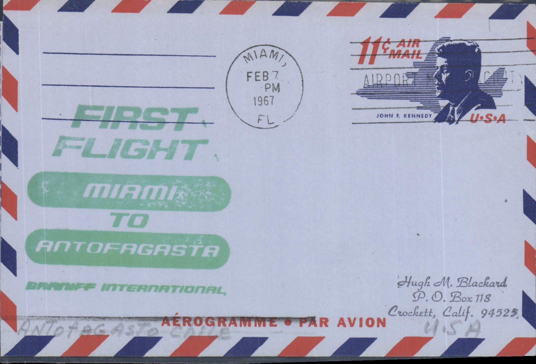 Aerogramme Etats Unis Miami Antofagasta Braniff 7 2 1967 Kennedy