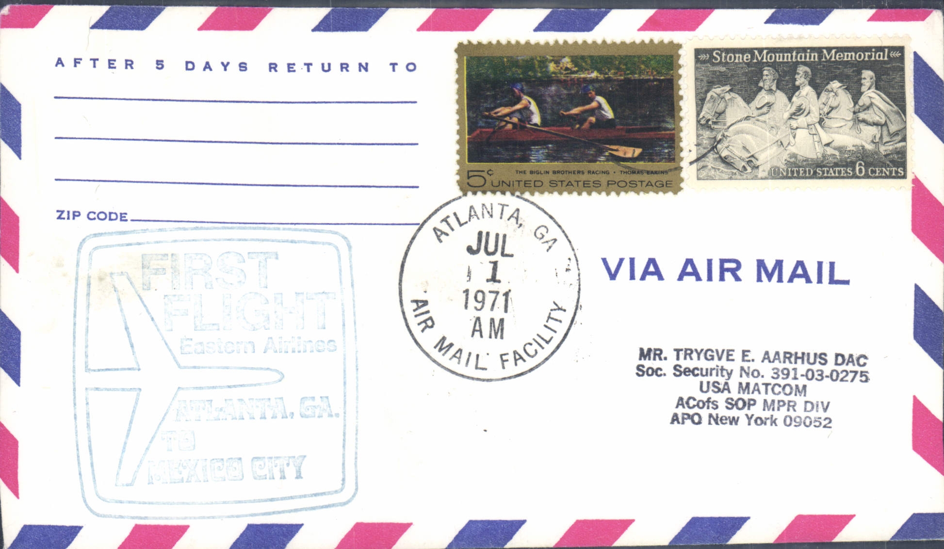 Lettre Etats Unis 1st flight Atlanta Mexico 1 7 1971
