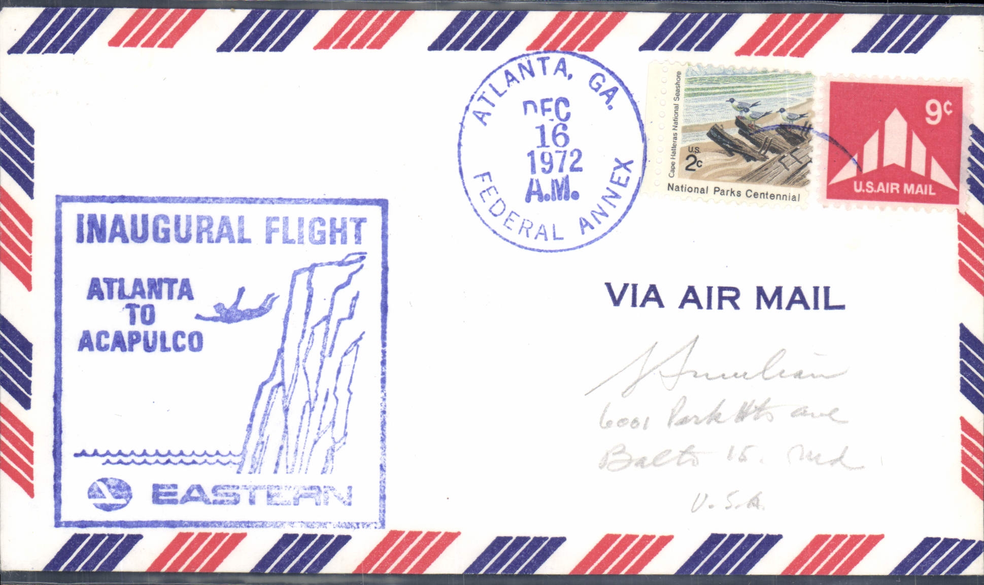 Lettre Etats Unis 1st flight Atlanta Acapulco Sea divind Plongeon 16 12 1972