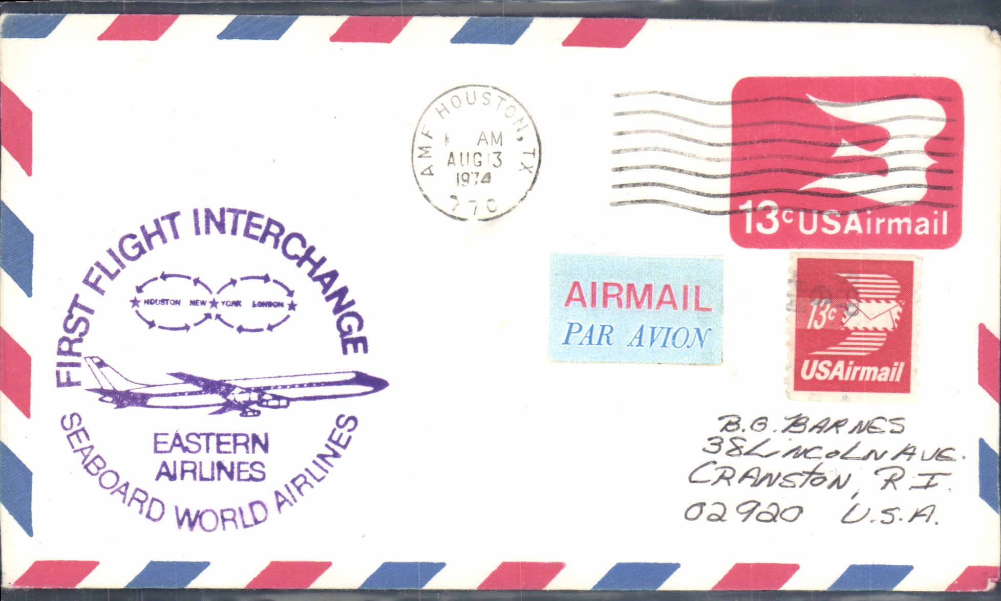 Letter the United States 1st flight Eastern Airlines Houston 13 8 1974