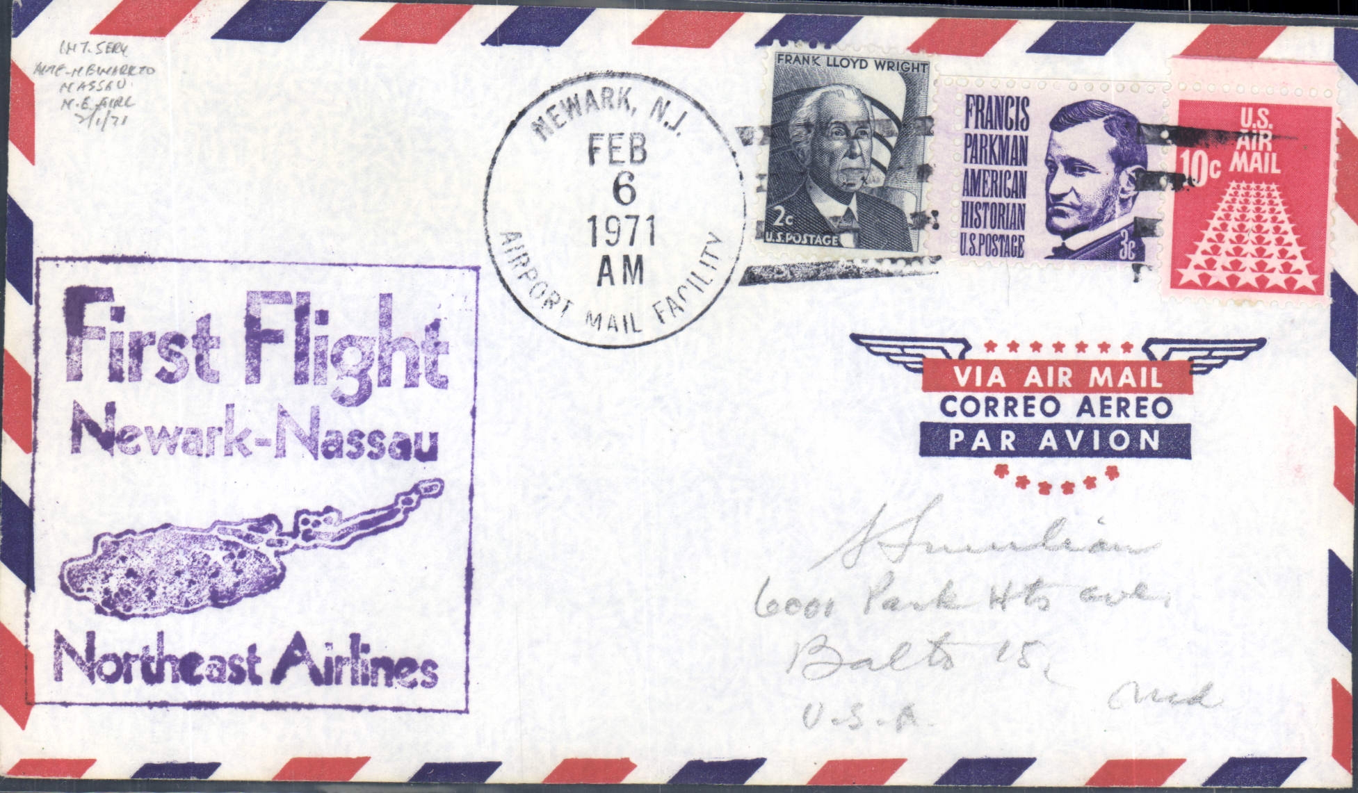 Lettre Etats Unis 1st flight Newark Nassau Northeast Airlines 6 2 1971