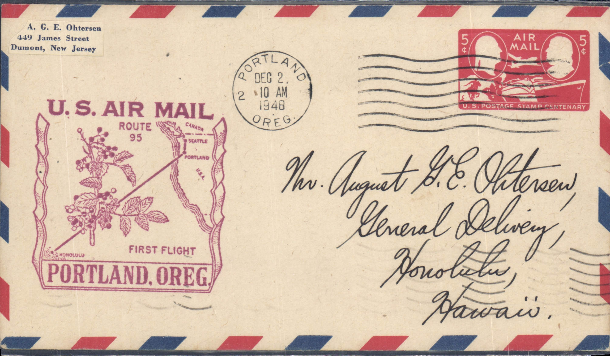 Letter the United States 1st flight Portland cement to Honolulu Hawaii 2 12 1948