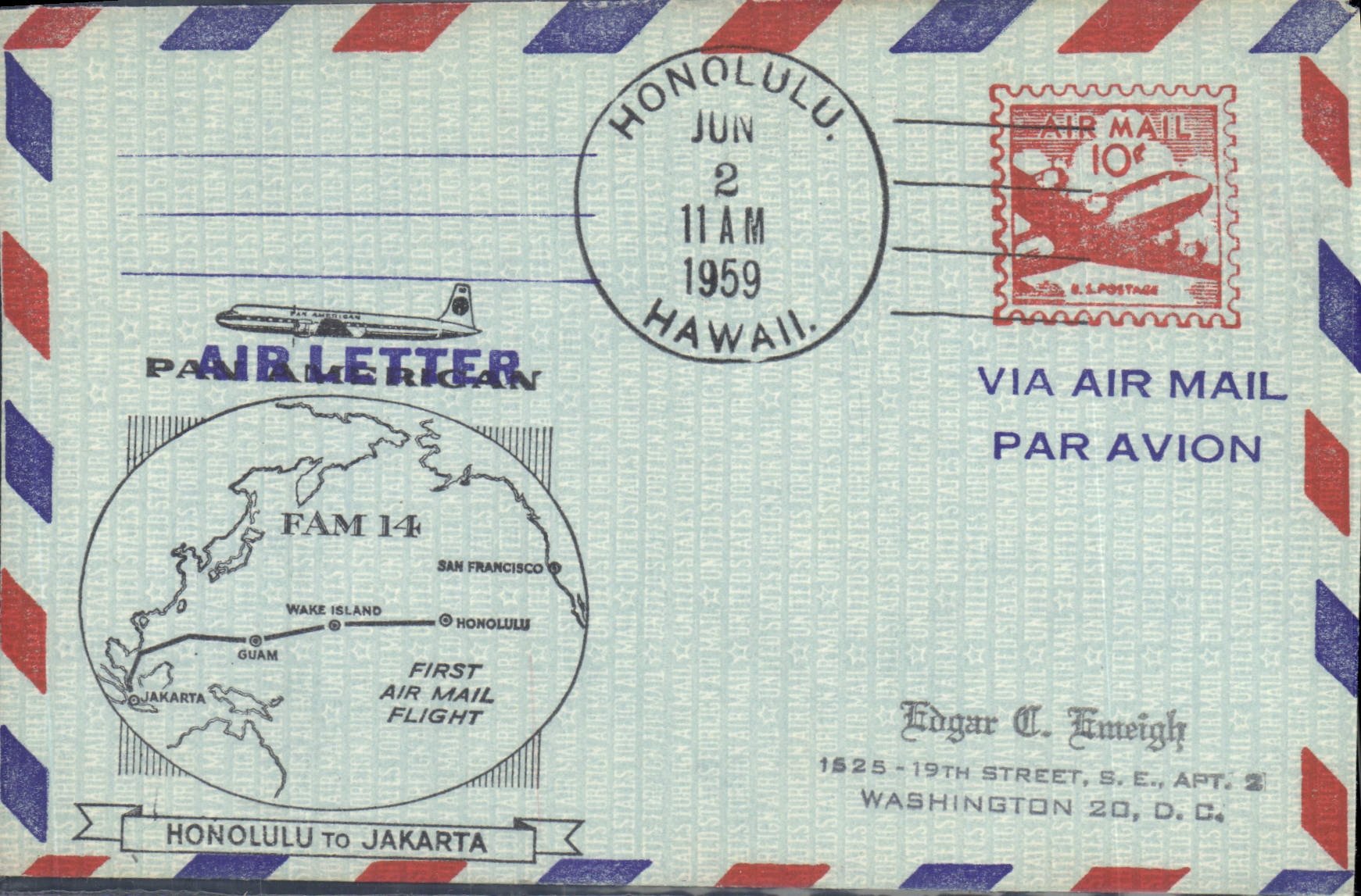 Air letter the United States 1st flight Honolulu Hawaii to Djakarta 2 6 1959