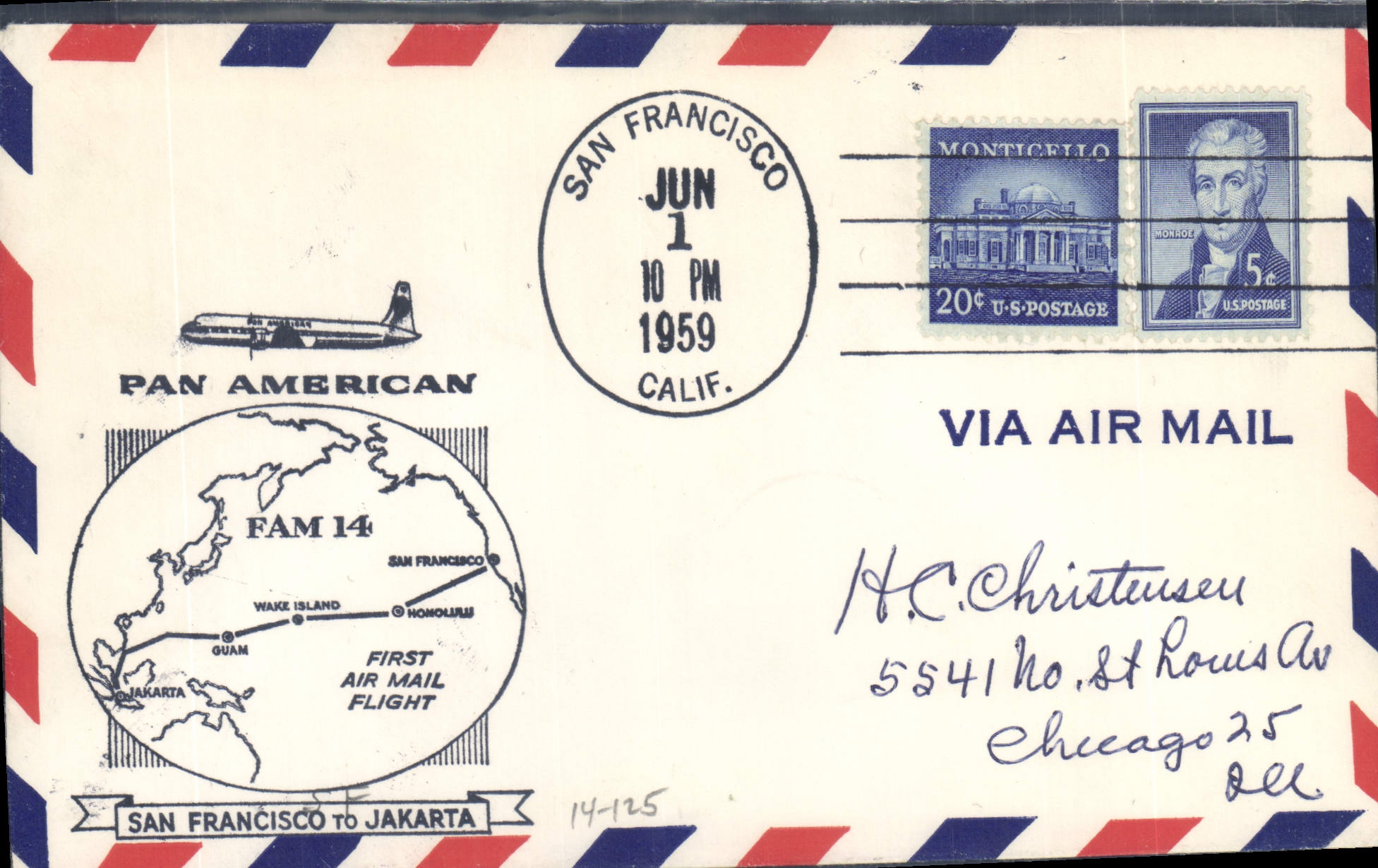 Lettre Etats Unis 1st flight San Francisco to Jakarta 1 6 1959