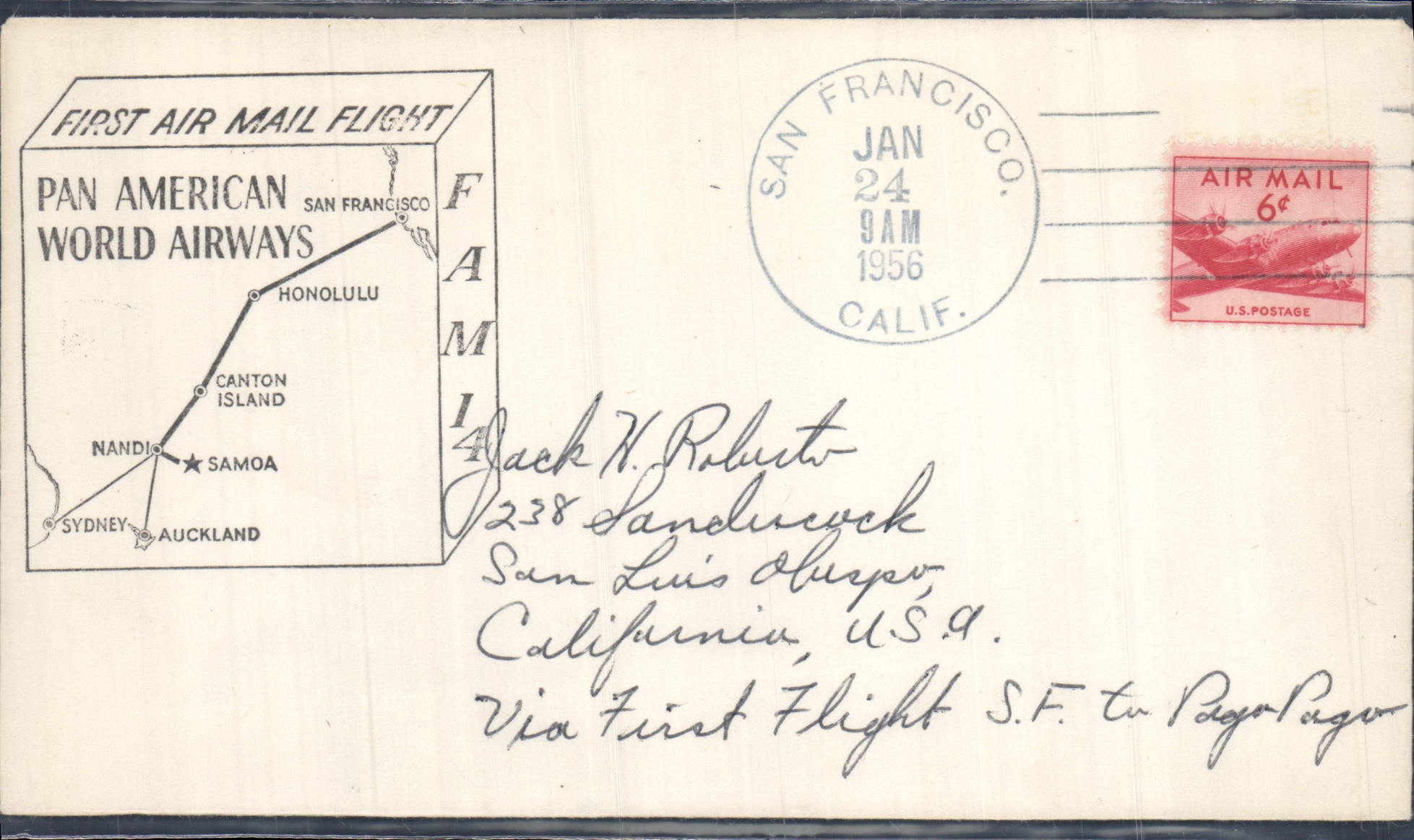 Lettre Etats Unis 1st Flight Sasn Francisco Sydney Auckland 24 1 1956
