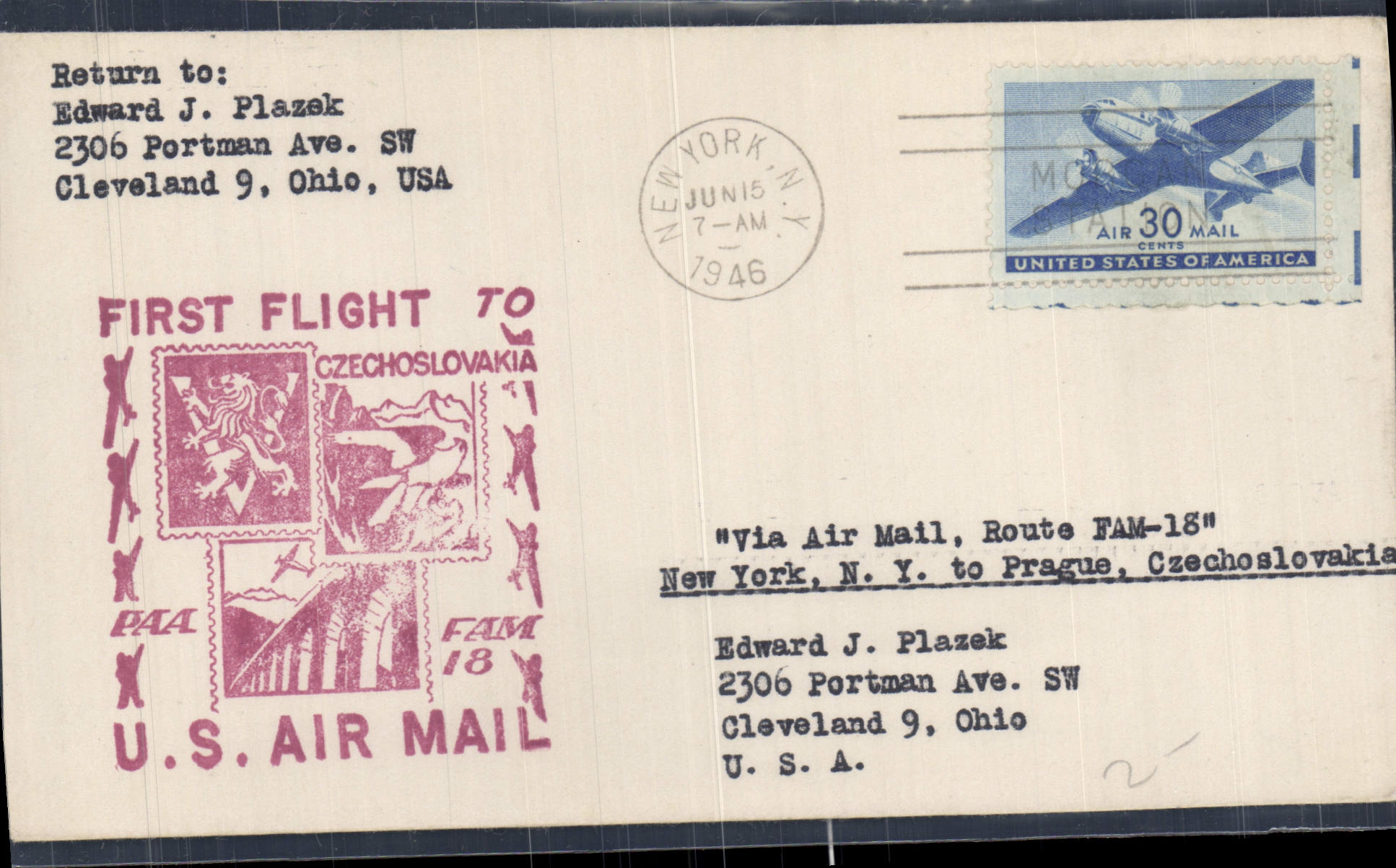 Letter the United States 1st Thecoslovaquia Flight 15 6 1946