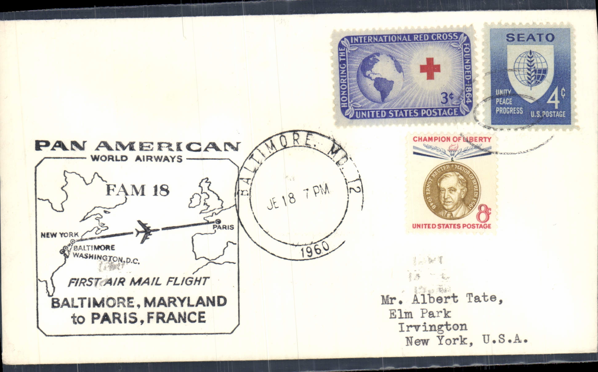 Letter the United States 1st Flight Baltimore Paris 18 6 1960