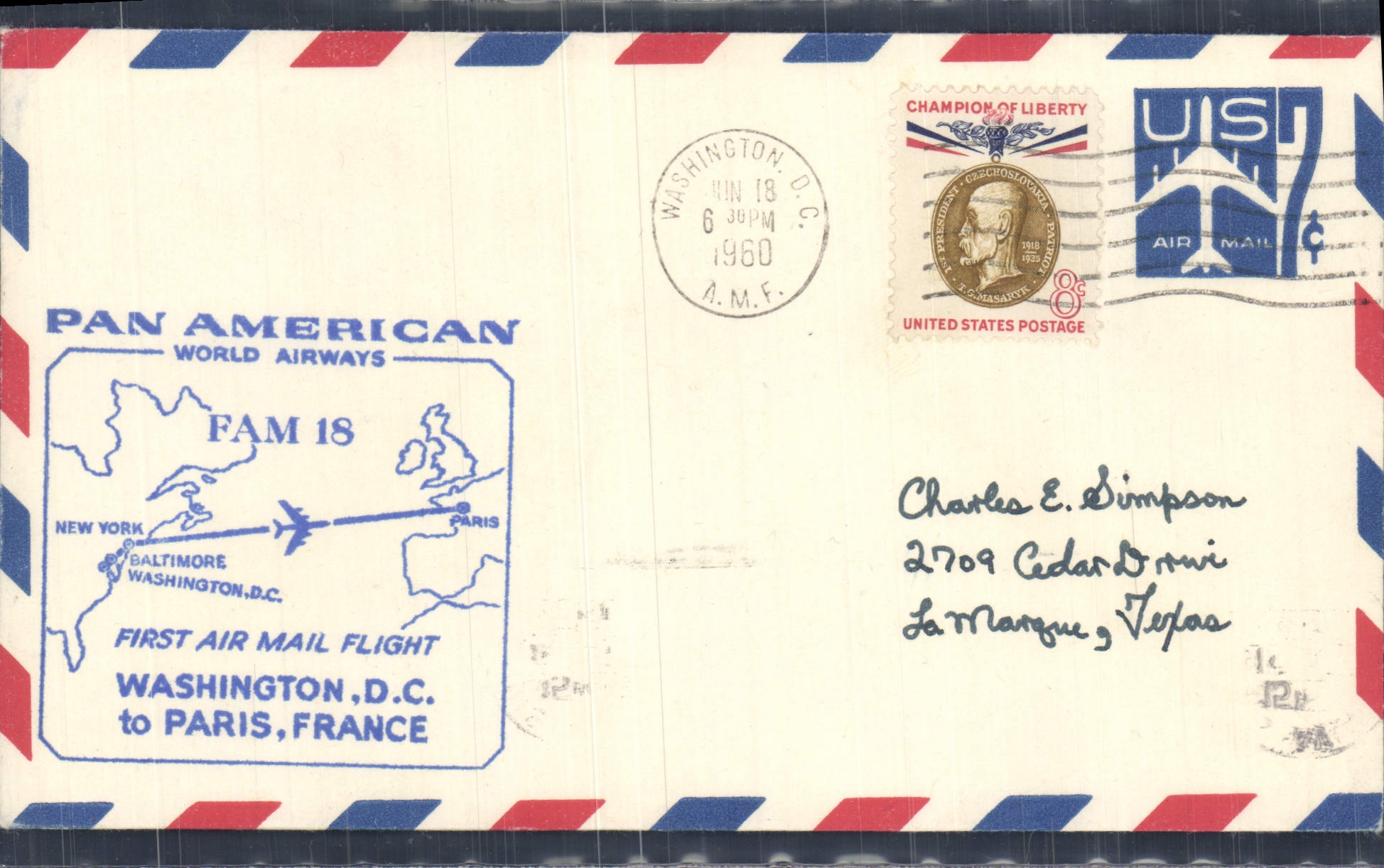 Lettre Etats Unis 1st Flight Baltimore Paris 18 6 1960 FAM 18