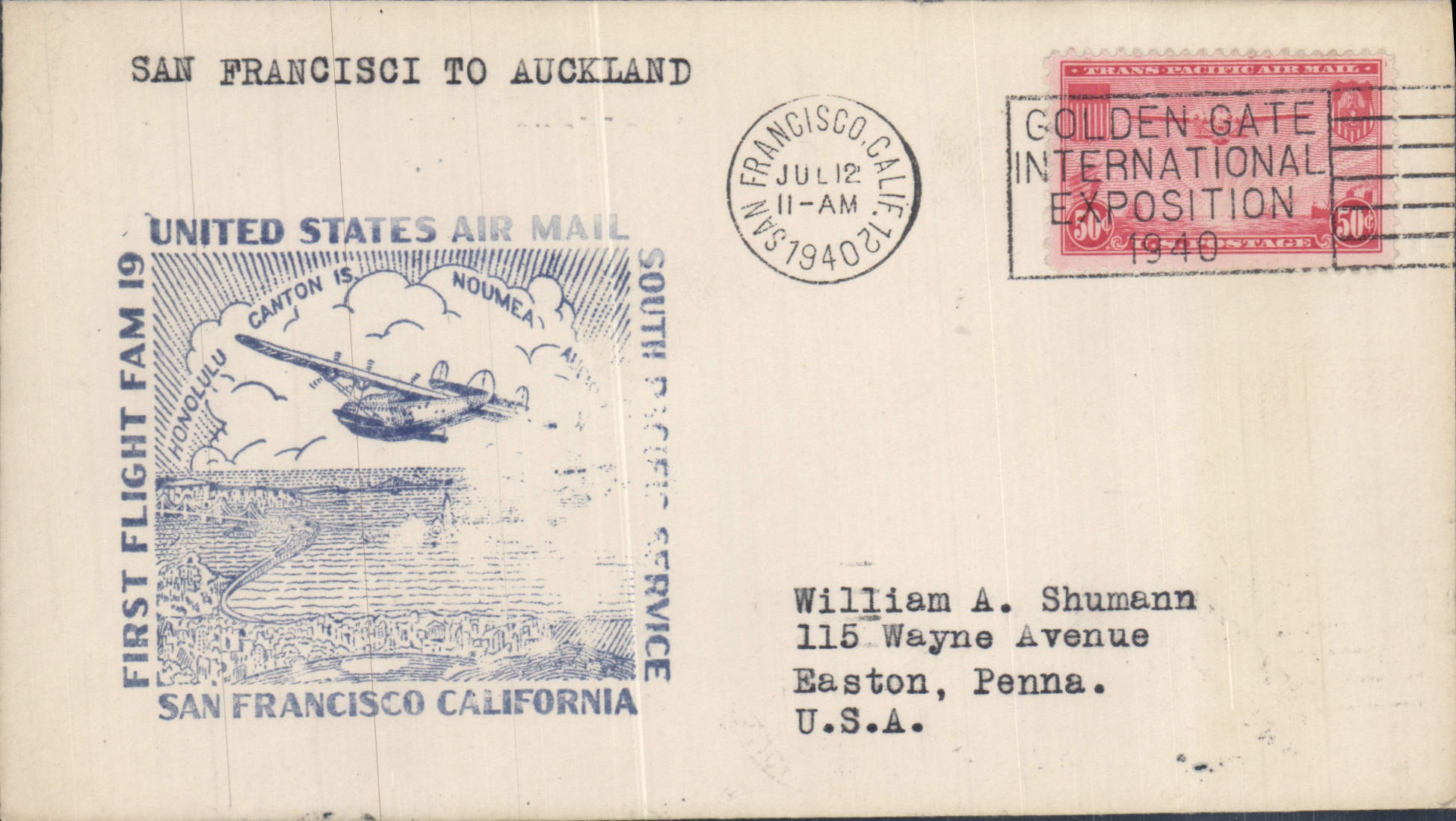 Letter the United States 1st Flight BFAM 19 San Francisco 12 7 1940