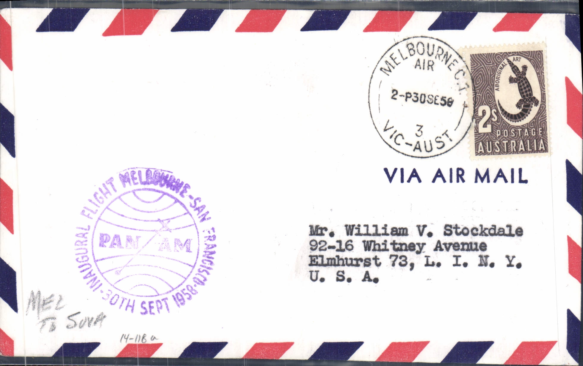 Letter Australia 1st flight Melbourne San Francisco 30 7 59 Crocodile