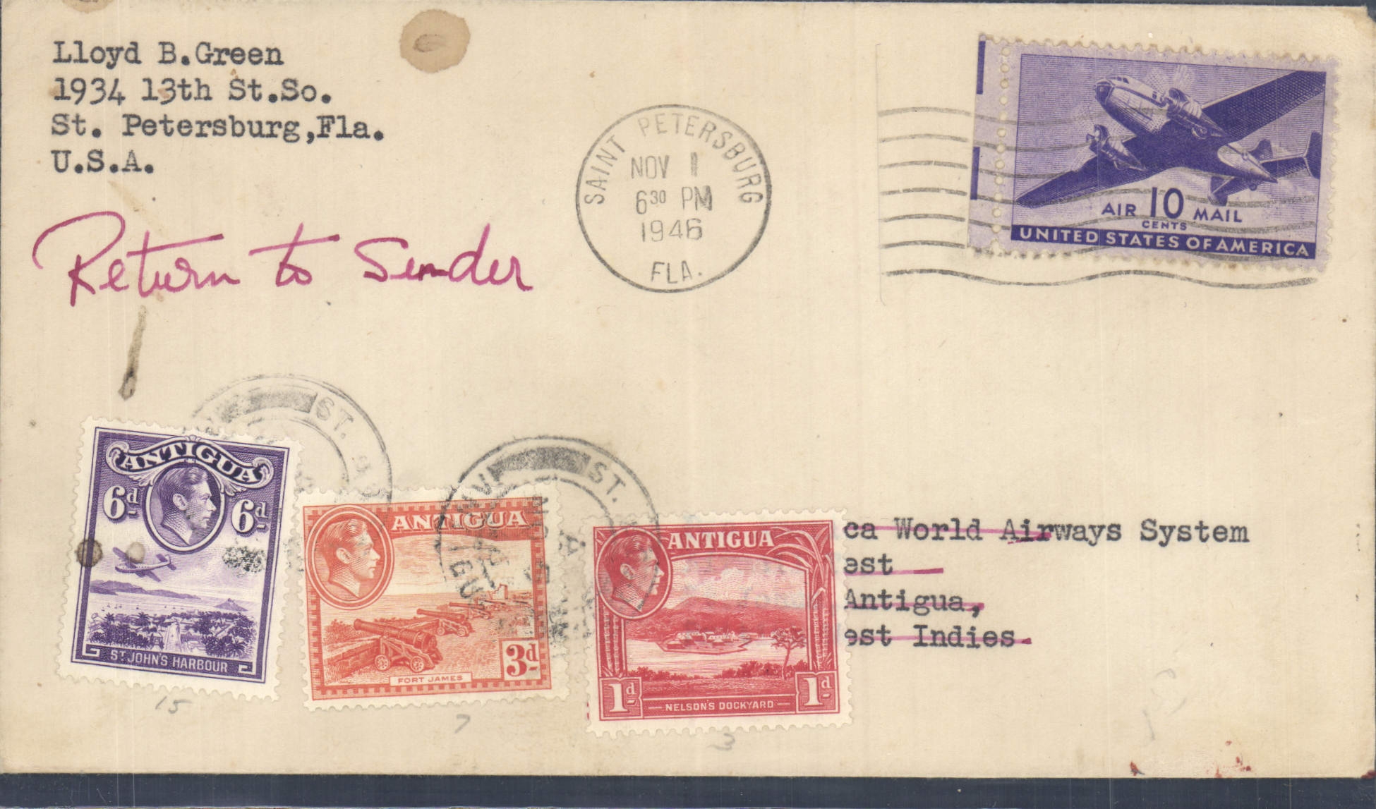 Letter the United States St Petersburg to Antigua 1 11 1946